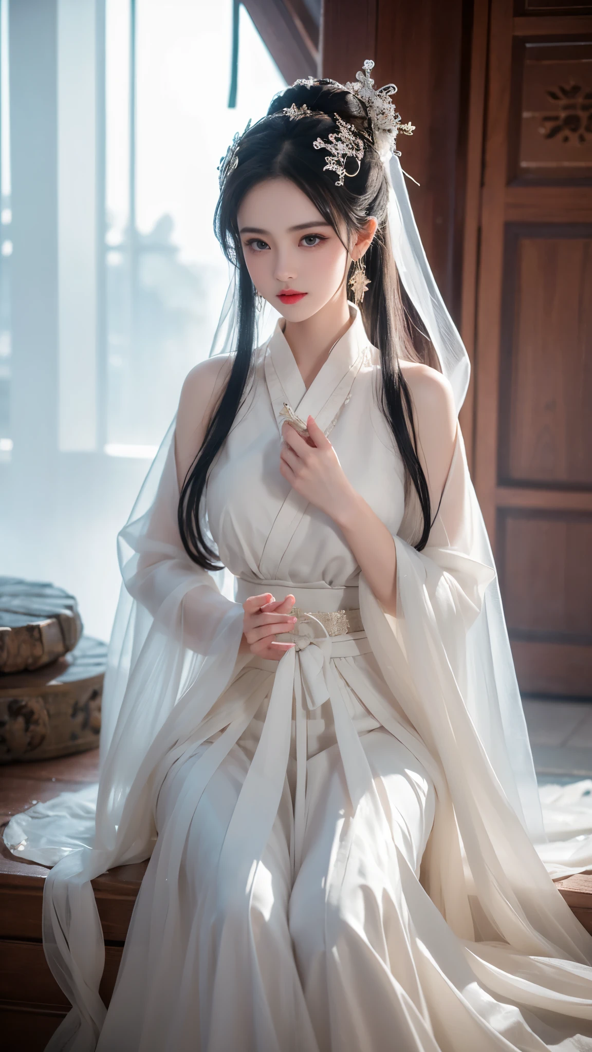 BAINV, (masterpiece, best quality:1.2), 1girl, solo, In the depths of Wonderland，The moonlight falls like water，foggy room，The figure of the heroine is vaguely visible，Just like the fairy in the painting，Slender sexy legs，Very nice legs，Leaking sexy legs，Big breasts，美丽而又带着一丝mystery的色彩。Her face is beautiful and delicate，Like finely carved jade，Showing otherworldly beauty。The eyebrows are picturesque，The waves in my eyes are like twinkling stars，Show the light of perseverance and wisdom。The bridge of the nose is straight，Lip color like cherry，The slightly raised corners of the mouth reveal confidence and calmness。Her face is well defined，The skin is as fair as jade，Reveals a healthy glow，Just like a fairy, she never eats fireworks in the world。Her makeup is light and delicate，Not too much embellishment，But enough to show her temperament and charm。Light-colored foundation brings out the transparency of the skin，A light eyebrow pencil outlines her perfect eyebrow shape，Eye makeup is eye shadow and eyeliner，Make her eyes brighter and more energetic。嘴唇涂上grace的口红，Adds a bit of charm and sophistication。她的衣服grace别致，Clothes flutter，It seems like it will be blown up by the wind at any time，drifting into the distance。既不失grace，Also showed her extraordinary skills。A wide belt is tied around the waist，There is a crystal clear jade pendant hanging on it，Rocking with her movements。Her hair is tied back casually，Secure it with a hosta，A few strands of hair are fluttering gently in the wind，Adds a bit of softness。Her figure is looming in the fairyland，宛如一道Big breasts美丽的风景线，attracted everyone&#39;s attention。She seems to be a fairy in wonderland，Big breasts美丽、grace、mystery、and full of power。