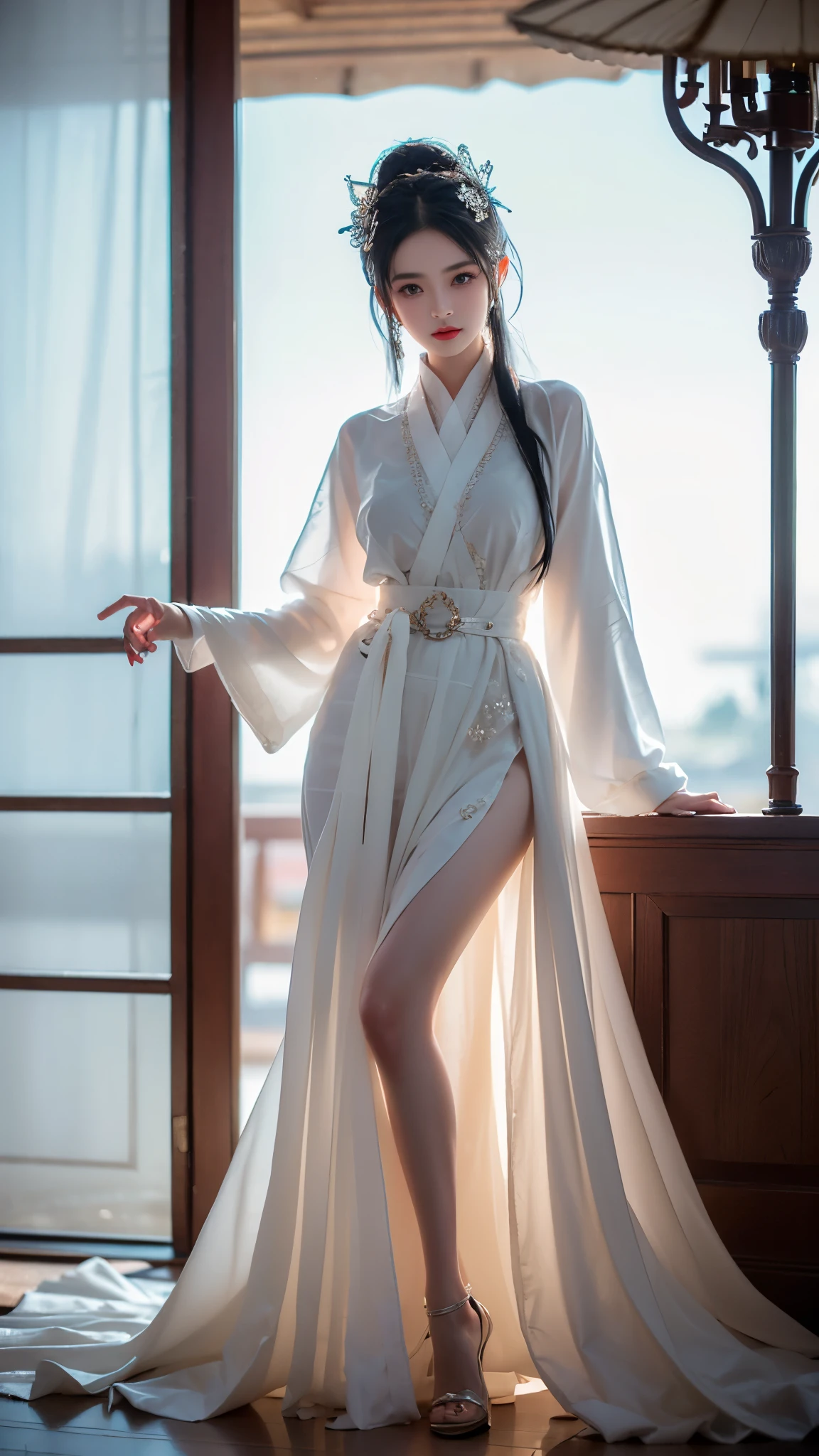 BAINV, (masterpiece, best quality:1.2), 1girl, solo, In the depths of Wonderland，The moonlight falls like water，foggy room，The figure of the heroine is vaguely visible，Just like the fairy in the painting，Slender sexy legs，Very nice legs，Leaking sexy legs，Big breasts，美丽而又带着一丝mystery的色彩。Her face is beautiful and delicate，Like finely carved jade，Showing otherworldly beauty。The eyebrows are picturesque，The waves in my eyes are like twinkling stars，Show the light of perseverance and wisdom。The bridge of the nose is straight，Lip color like cherry，The slightly raised corners of the mouth reveal confidence and calmness。Her face is well defined，The skin is as fair as jade，Reveals a healthy glow，Just like a fairy, she never eats fireworks in the world。Her makeup is light and delicate，Not too much embellishment，But enough to show her temperament and charm。Light-colored foundation brings out the transparency of the skin，A light eyebrow pencil outlines her perfect eyebrow shape，Eye makeup is eye shadow and eyeliner，Make her eyes brighter and more energetic。嘴唇涂上grace的口红，Adds a bit of charm and sophistication。她的衣服grace别致，Clothes flutter，It seems like it will be blown up by the wind at any time，drifting into the distance。既不失grace，Also showed her extraordinary skills。A wide belt is tied around the waist，There is a crystal clear jade pendant hanging on it，Rocking with her movements。Her hair is tied back casually，Secure it with a hosta，A few strands of hair are fluttering gently in the wind，Adds a bit of softness。Her figure is looming in the fairyland，宛如一道Big breasts美丽的风景线，attracted everyone&#39;s attention。She seems to be a fairy in wonderland，Big breasts美丽、grace、mystery、and full of power。