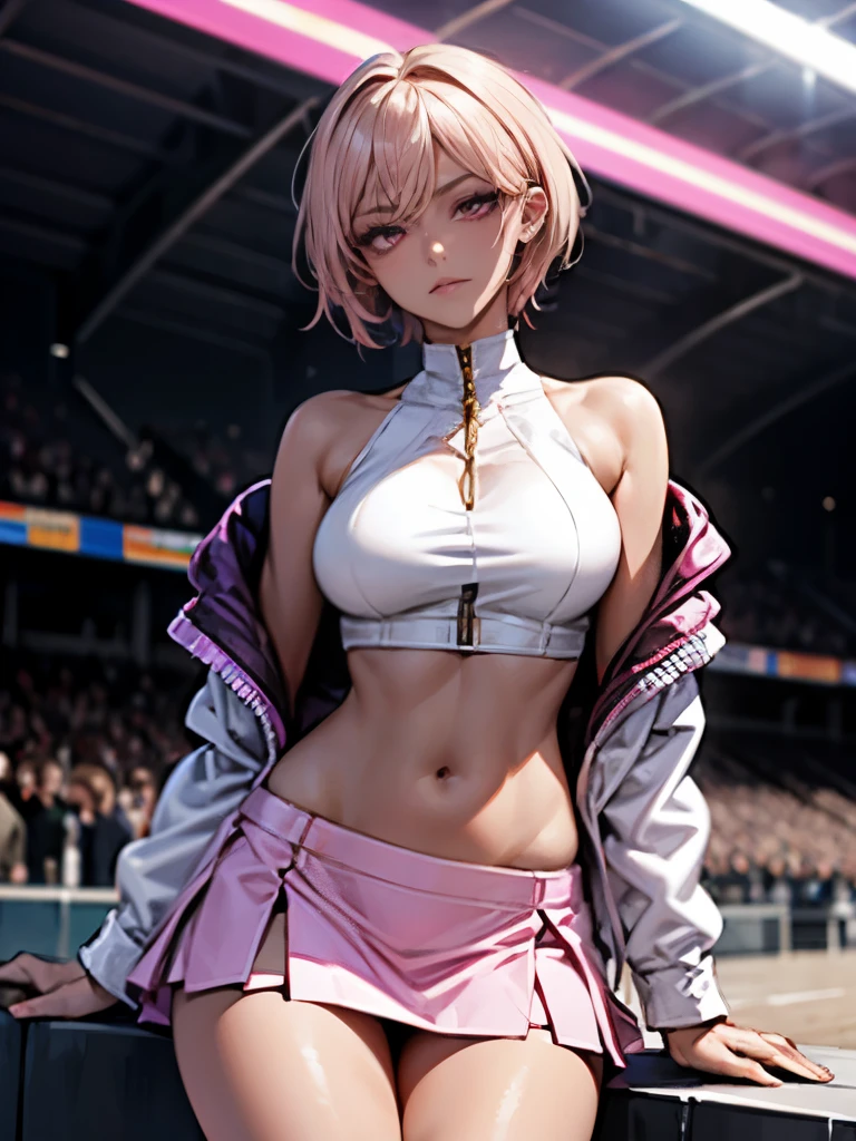 Previous Open Racing Jacket、tight outfit, close up of face, thighs thighs thighs thighs, Delicate girl, Violet crop top, Sleeveless, Violet skirt, Shiny skin, Looking at Viewer, Teen, Pixie Short Hairstyles, Cream yellow hair, shorth hair, long lashes、eyeshadows(digital anime:0.8), (Edge lighting, highest details, ighly detailed, ultra-detailliert, finely detail:0.8), [:Detailed face and eyes:10], (Lesh pink eyes:1.2), cosplayer, Random Posing, Race Queen、Uniform with logo、 Exquisite beauty、Beautiful face, Body shape of slim model, Beautiful breasts, shiny, beauty legs、wet shiny body, (((Dark brown skin beauty))), neons、Large crowds、audience、Aurora Vision、Huge stadium、Drag racing、Racing Circuit、racing car、Lower grade、Large crowds、Spectators、audience、Spectators、Large crowds、Camera Flash、Laser beam、