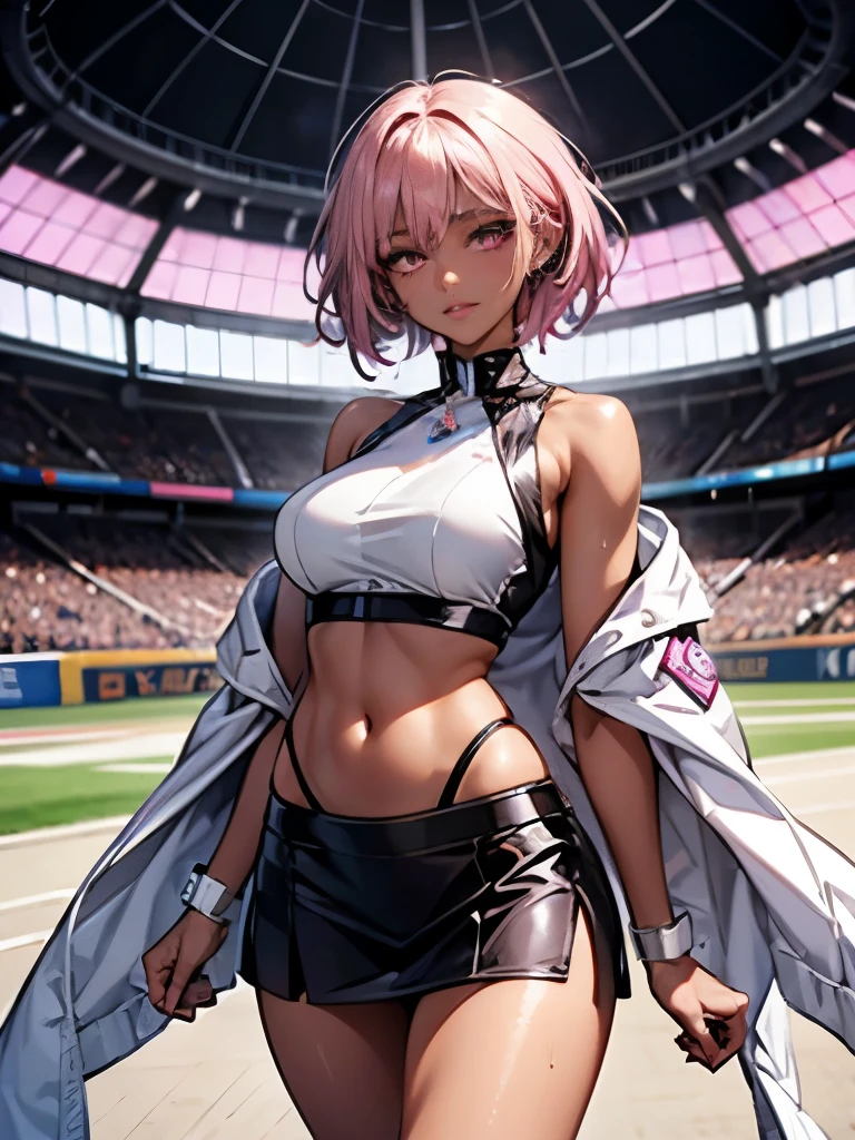 Previous Open Racing Jacket、tight outfit, close up of face, thighs thighs thighs thighs, Delicate girl, Violet crop top, Sleeveless, Violet skirt, Shiny skin, Looking at Viewer, Teen, Pixie Short Hairstyles, Cream yellow hair, shorth hair, long lashes、eyeshadows(digital anime:0.8), (Edge lighting, highest details, ighly detailed, ultra-detailliert, finely detail:0.8), [:Detailed face and eyes:10], (Lesh pink eyes:1.2), cosplayer, Random Posing, Race Queen、Uniform with logo、 Exquisite beauty、Beautiful face, Body shape of slim model, Beautiful breasts, shiny, beauty legs、wet shiny body, (((Dark brown skin beauty))), neons、Large crowds、audience、Aurora Vision、Huge stadium、Drag racing、Racing Circuit、racing car、Lower grade、Large crowds、Spectators、audience、Spectators、Large crowds、Camera Flash、Laser beam、