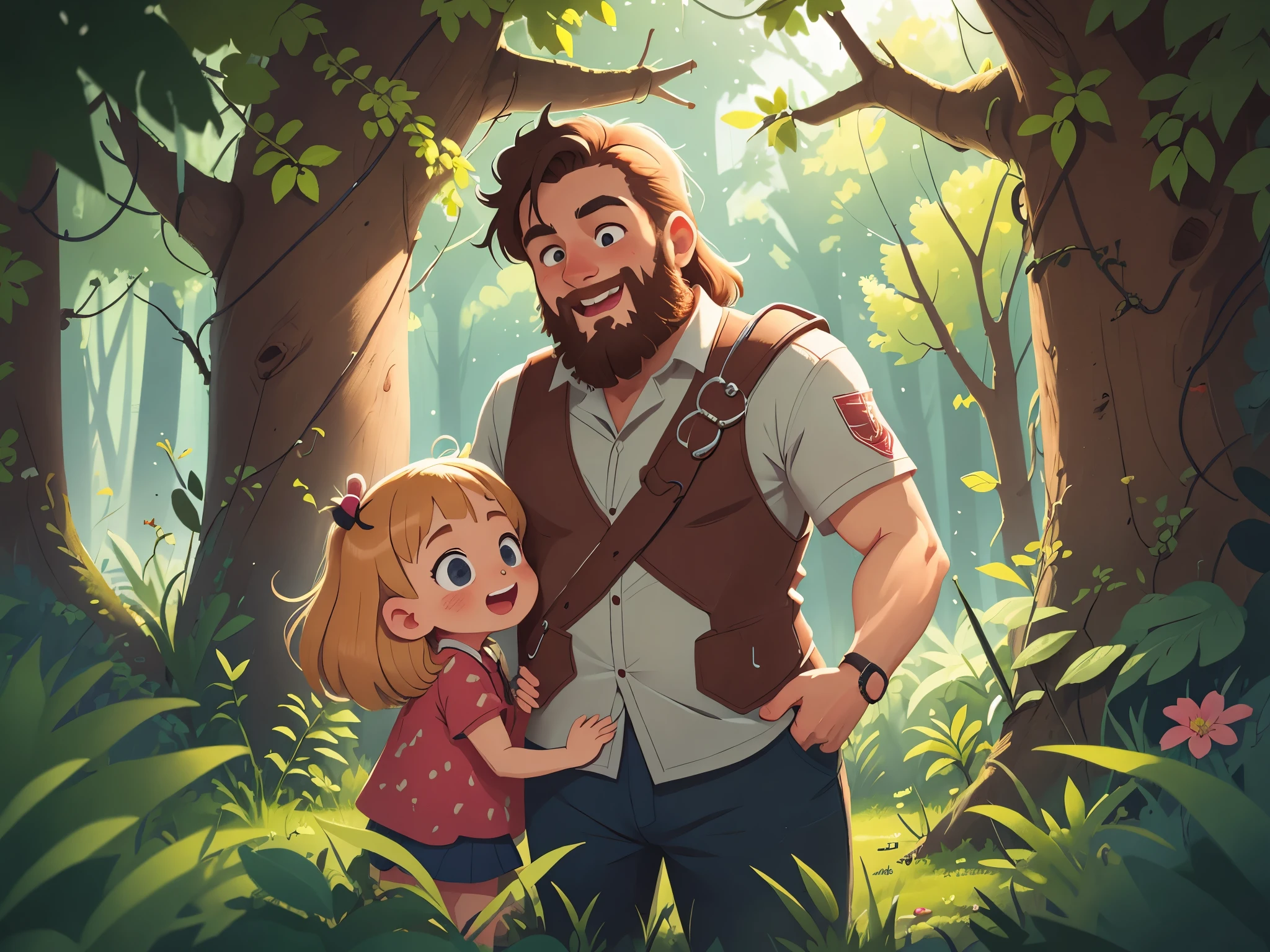 Bearded father is playing hide and seek with his daughter, [[[Ultra detailed, best quality, beautiful, 4K, detailed faces, medieval story]]], blond hair, blue eyes, happy, joyful, smiling face, full body , chase, wooden house, garden, windows, cozy home garden
