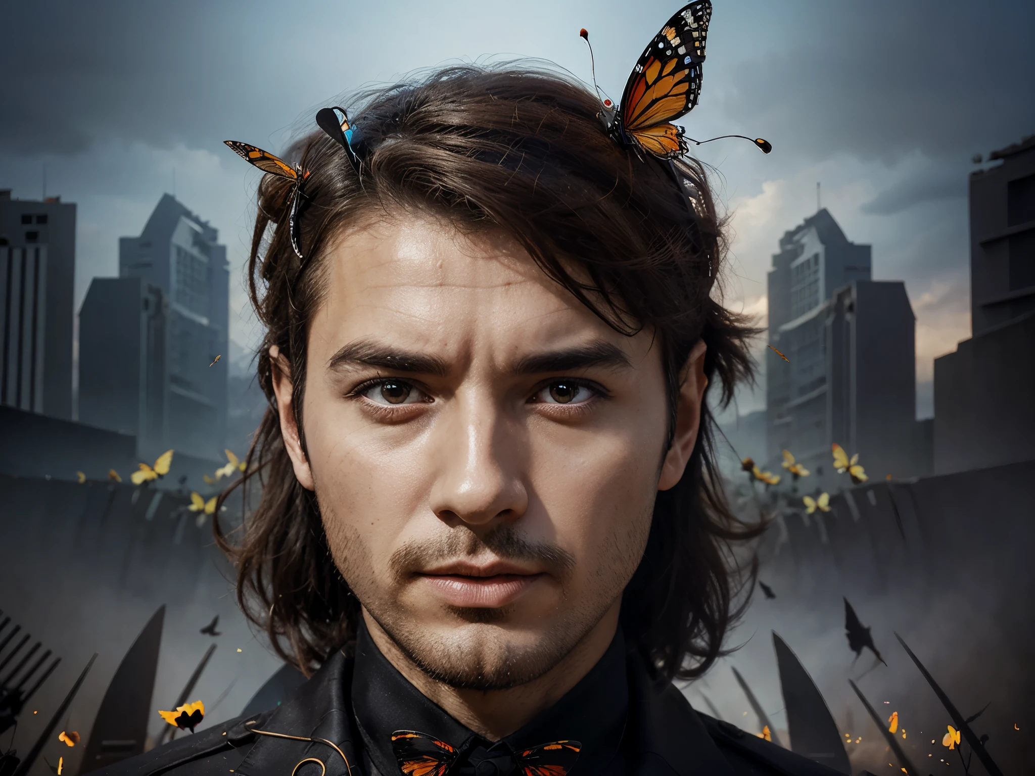 a man with a butterfly on his head, digital art, inspired by Igor Morski, trending on pexels, digital art, in style of cyril rolando, primeval duality, demolition, matte painting of human mind