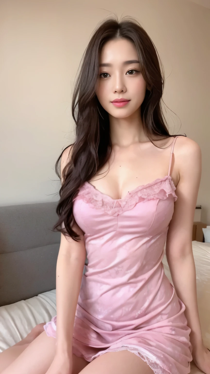 ((top-quality、8k、​masterpiece:1.3))、Beautiful woman with perfect body:1.4、slim abdomen:1.2、Longhair, normal breast, Highly detailed facial and skin texture, A detailed eye, delicate eyes, double eyelid, (smile), (full body shot), ((bedroom)), (sitting on bed), (((wearing pink camisole long dress))), looking in front