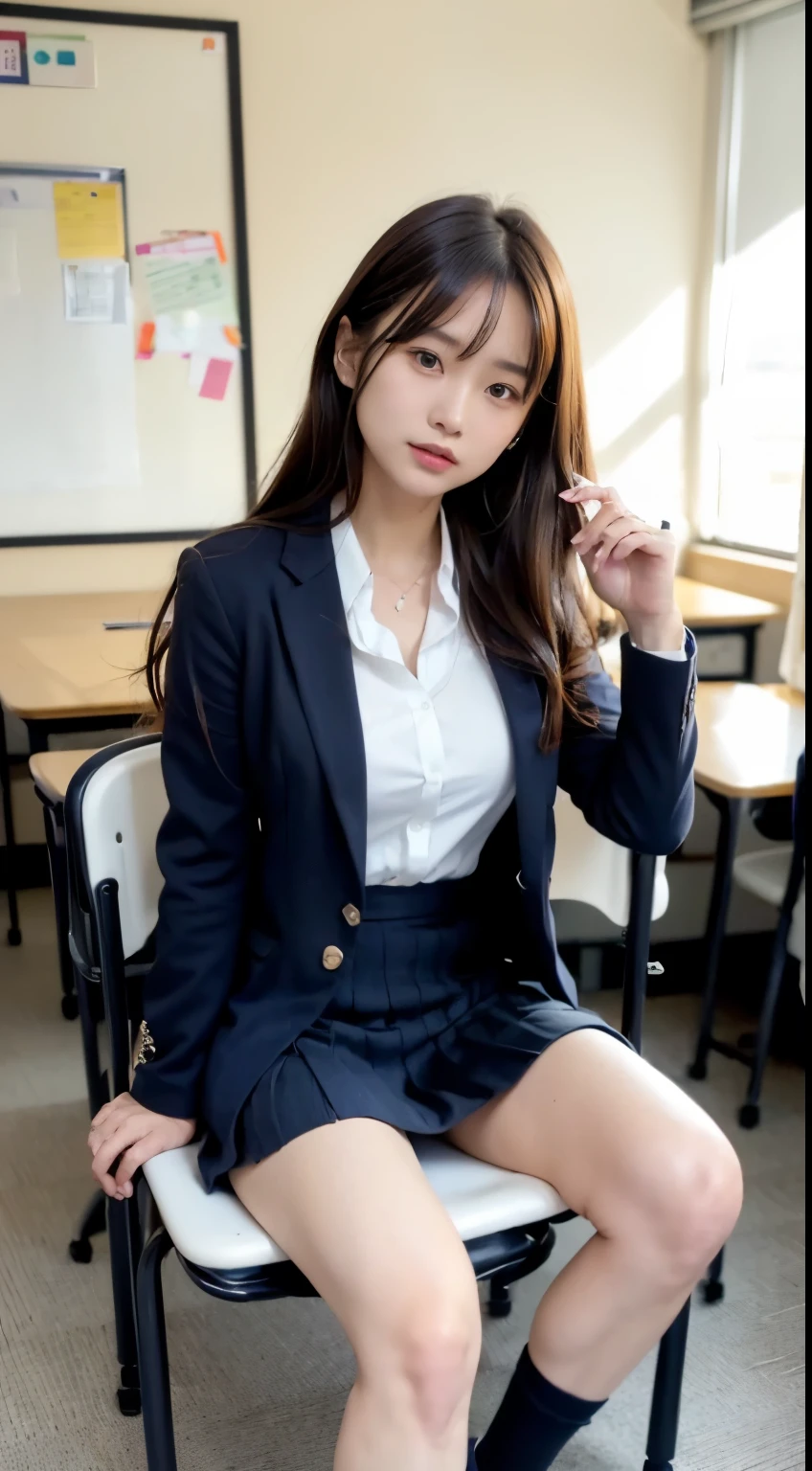 mix 4, (16K, Raw photo, best image quality, masterpiece: 1.45), (realistic, Photoreal: 1.37), one girl, Cute Japan , photon mapping, school classroom, Physically based rendering, dark brown hair,medium long hairstyle, With bangs,Beautiful well-groomed eyes、((double eyelid))、 (((school uniform、blazer、Plain white long-sleeved shirt worn by Japanese high school girls、navy blue mini skirt、navy blue ankle length socks、black loafers))), highest quality photos, High resolution, 1080P, (clear face), (Detailed facial description), (detailed description of hands), (masterpiece), (Detailed CG)、extreme light and shadow、messy hair、master work、Rich details、(detailed facial features)、(highest quality photos)、(Masseter muscle part)、((School desks and chairs in the background))、Sitting holding the right leg with the right hand)、Two arms and two legs、(((from the front:0.7)))、Taking a selfie with a black smartphone in his left hand,Your face is hidden by your smartphone