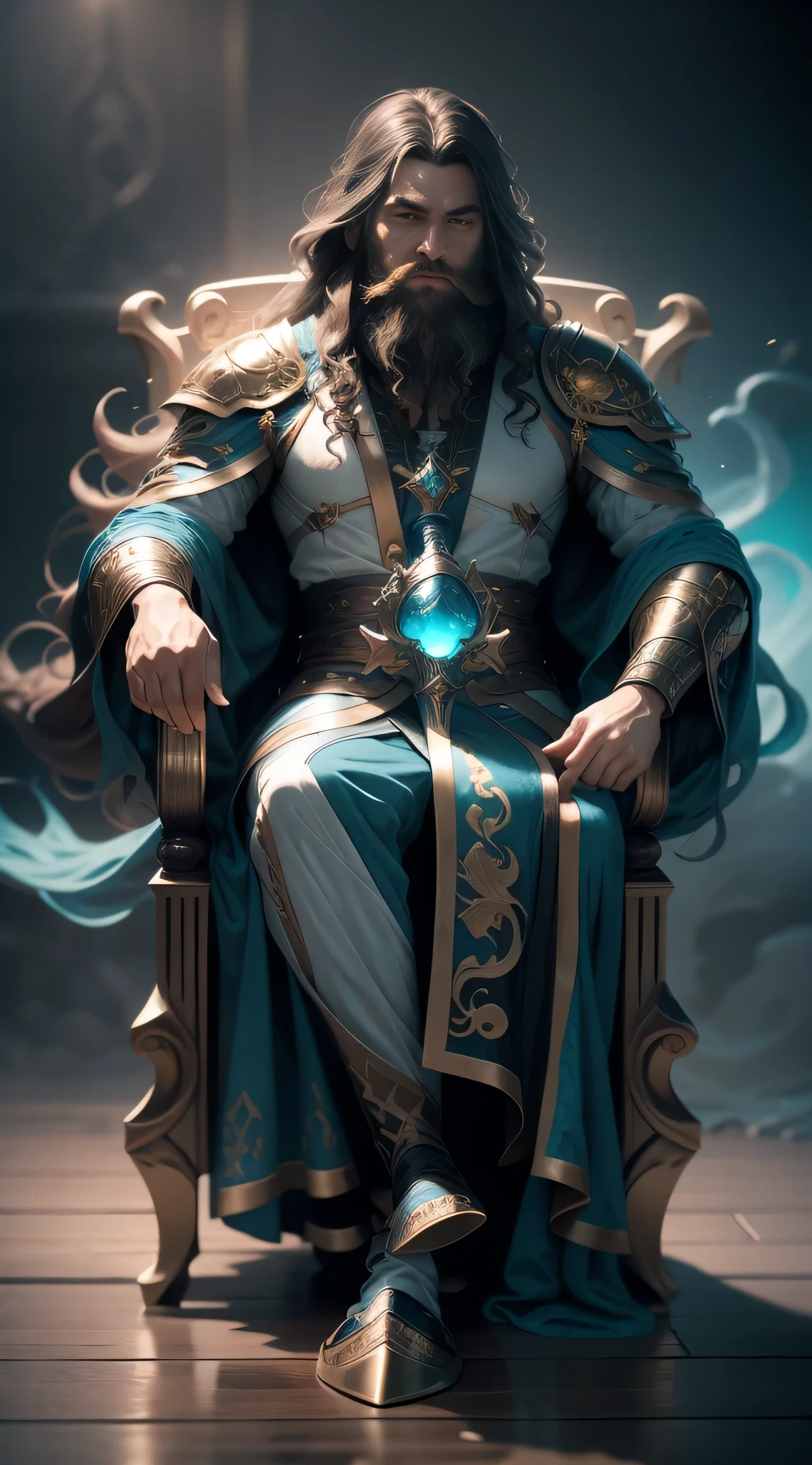 The King of Water, long hair and beard, Holds a short scepter in his left hand，Holding a decorative cup in his right hand, sat on his throne, Actions at sea. trending on artstationh. Fantasy, magic, mystical, See the immortals, unearthly, sublime atmosphere, fairy, Insanely detailed and confusing, Matte painting, dramatic lighting, 70mm lens, Detailed Love, Good quality, octane number, unreal engine 5, photorealistic, epic look at your scene, Biblical Cinematic Universe.Tilt and Blur, Shutter speed.