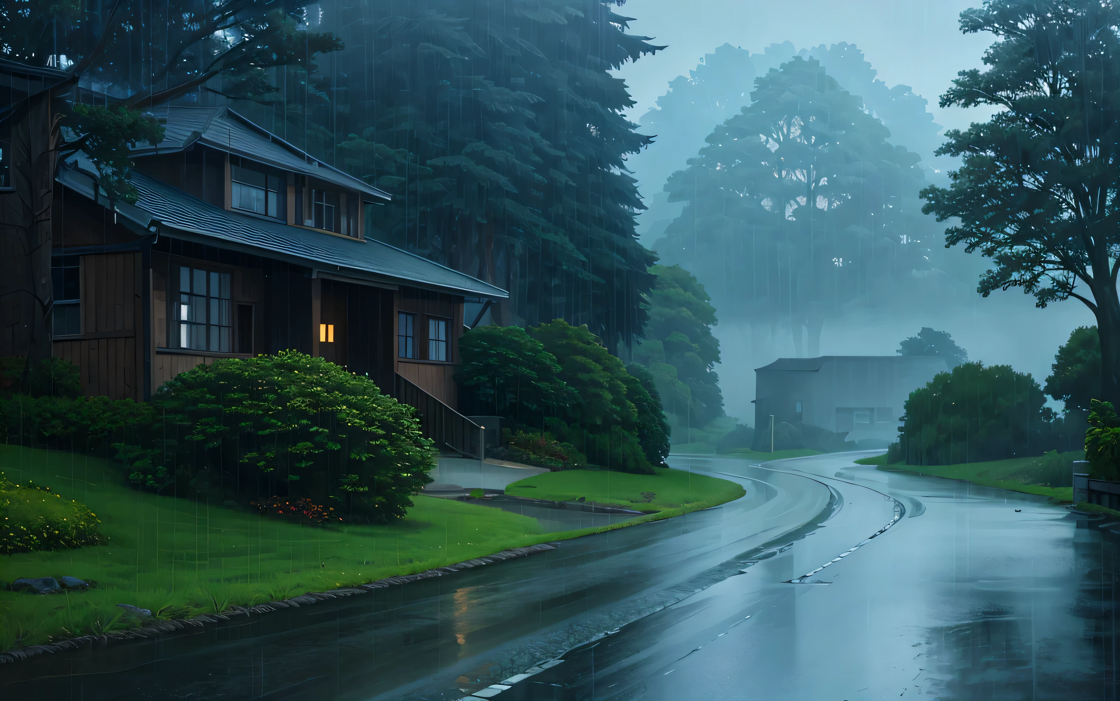 Vista da estrada enevoada em Alfeld，The background is a house, it is heavily mistbornged, mistborngy and humid atmosphere, very heavy mistborn, mistborngy environment, mistborn, mistborn caindo, mistborngy and gloomy atmosphere, cena chuvosa, day after raining, mistborngy background, Ultra - Detalhado, wet mistborn, haze,