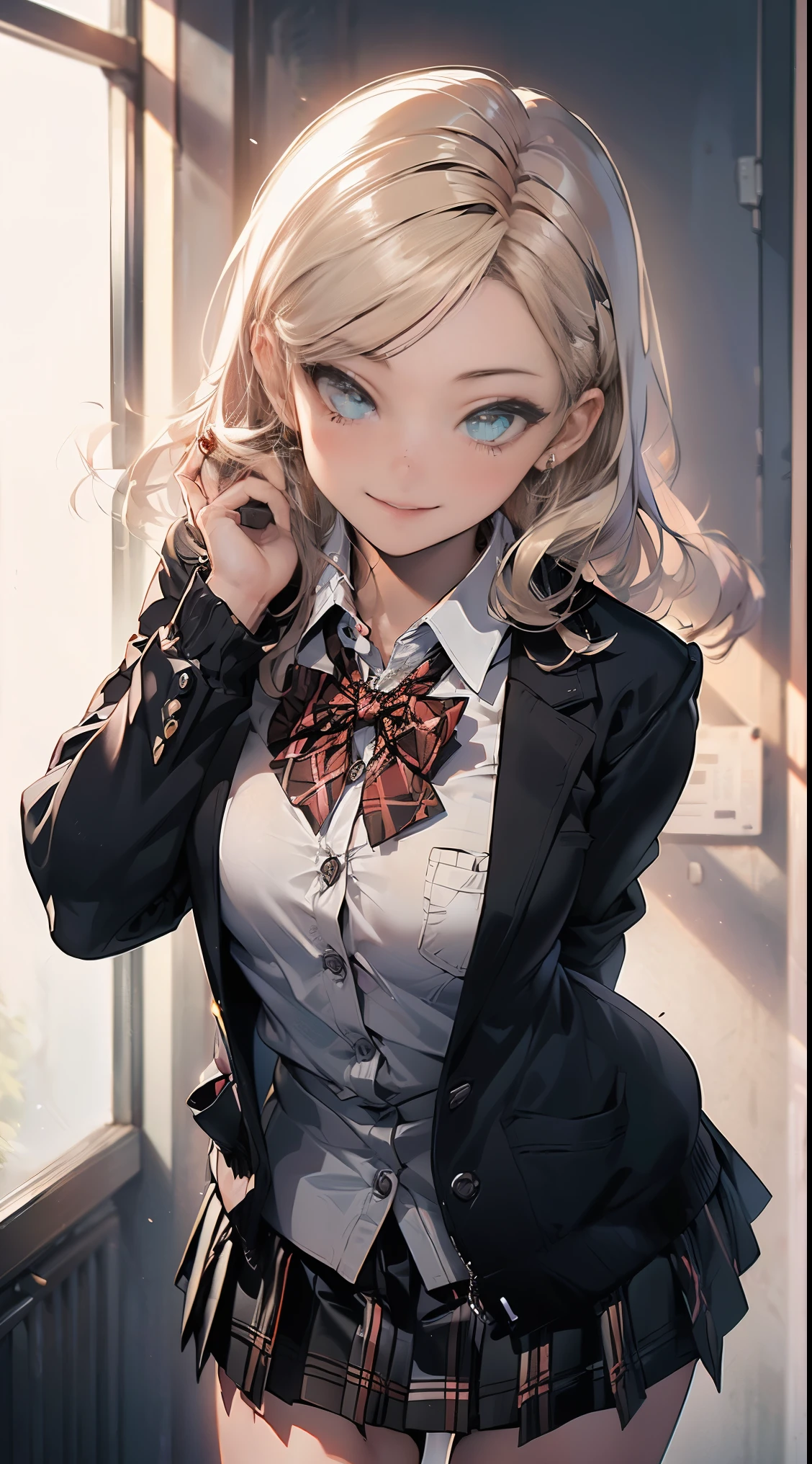 ((masterpiece, highest quality, High resolution, UHD, perfect pixel, Depth of bounds written, 4K, rtx, HDR))), 1 girl, single, alone, beautiful anime girl, beautiful art style, anime character, ((long hair, parted bangs, blonde hair)), (green eyes:1.4, round eyes, beautiful eyelashes, realistic eyes), (detailed face, blush:1.2), (smooth texture:0.75, realistic texture:0.65, realistic:1.1, Anime CG style), ((medium breasts)), dynamic angle, perfect body, (red bow tie, school uniform, black jacket, open jacket, Brown cardigan, white shirt), ((black skirt:1.5, plaid skirt)), ((smile)), ((leaning forward, put your hands behind your back)),erotic face