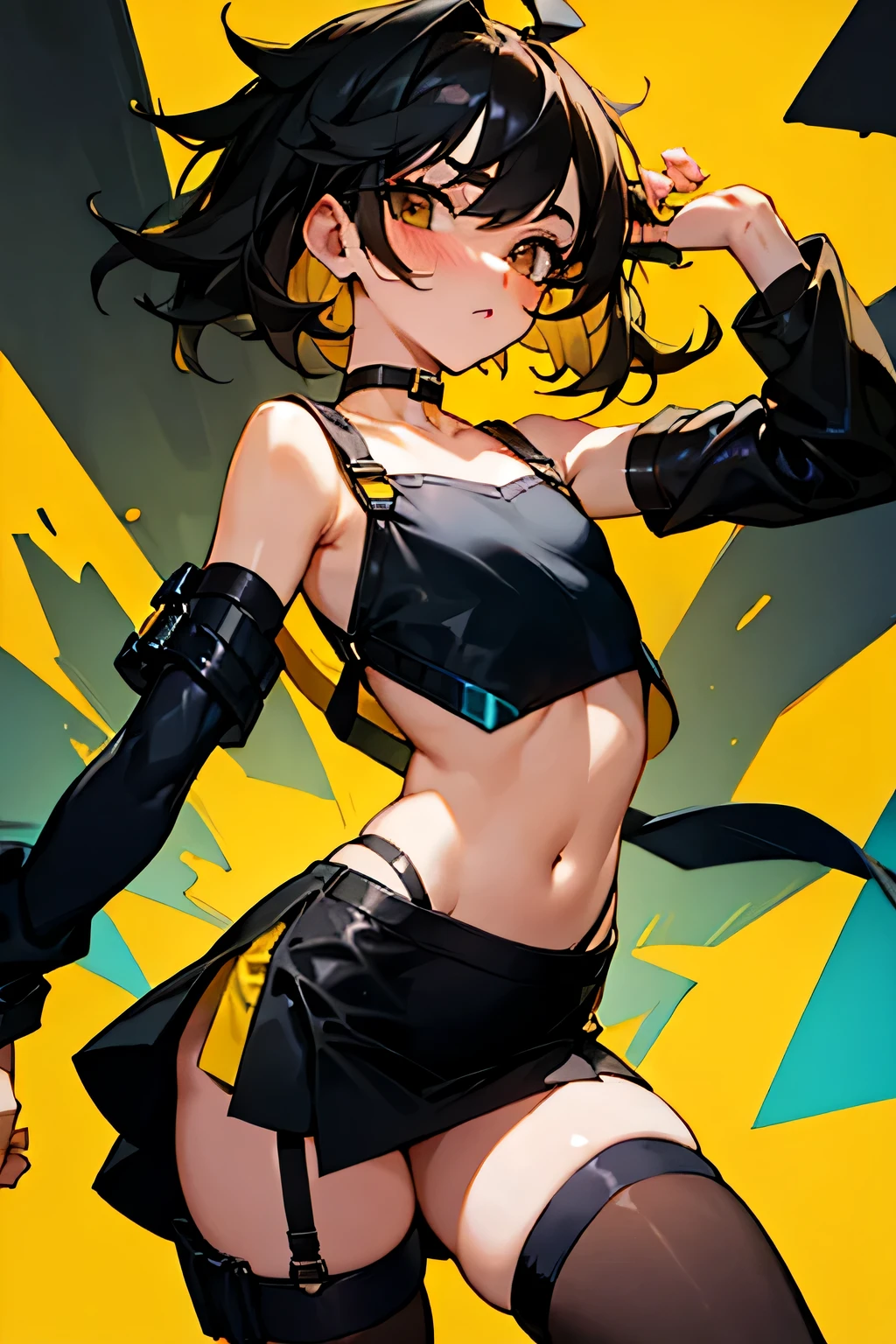 femboy, (flat chest:1.2), black and yellow clothing, miniskirt with side slit, crop top, arm binders, background:city, choker, thigh highs, short messy black hair, light brown eyes, blushing, straps