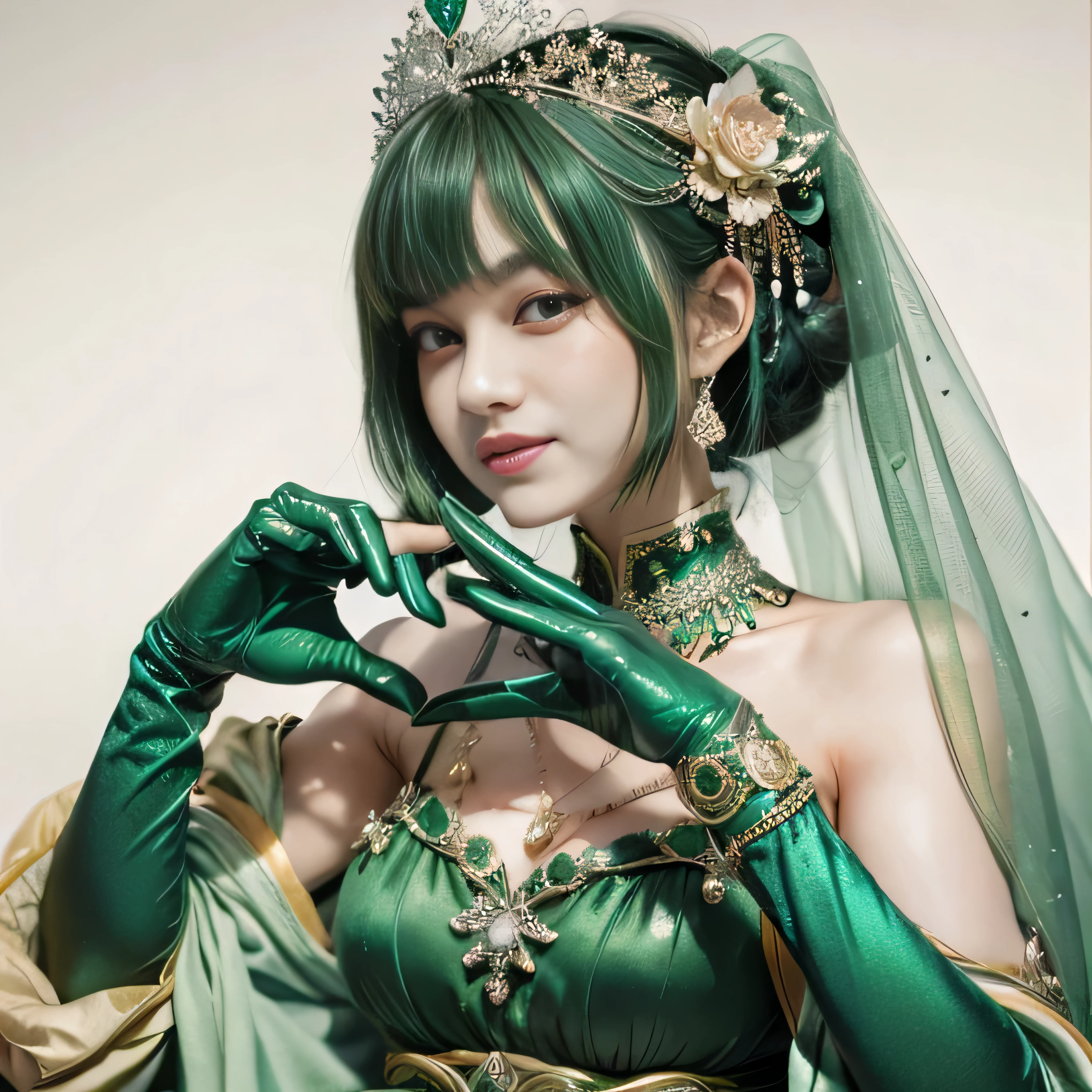 emerald tiara, green pearl necklace, ボーイッシュな非常に短いgreen hair, lipstick, smiling Japanese woman, very short hair,  Beauty with large , green eyes, Long Green Satin Gloves, green eyes, emerald earrings, green veil, heart with both hands, green hair, beautiful japanese woman, heart shaped hand:1.3, green lip gloss