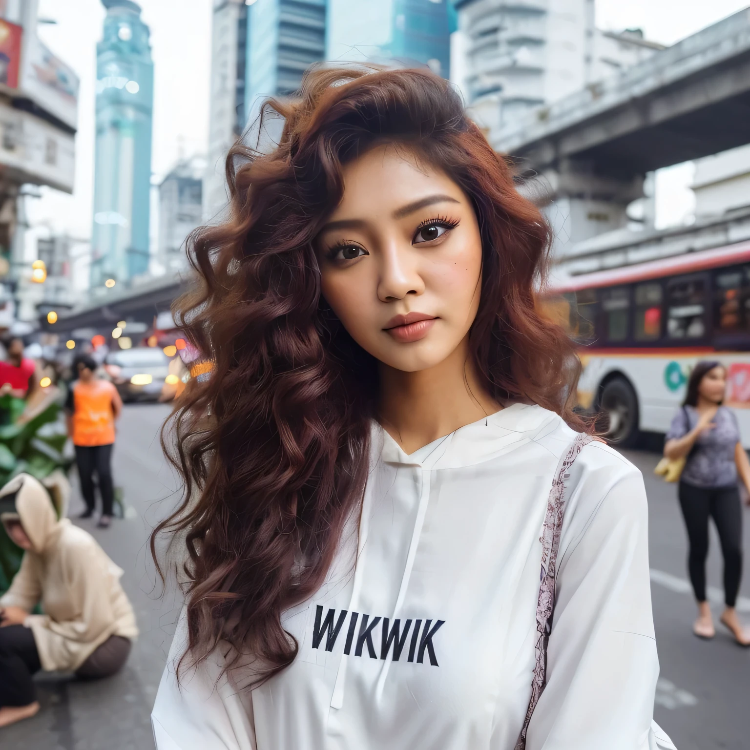 seorang perempuan cantik berambut panjaag curly sedang berjalan-jalan di kota bangkok.Memakai baju dengan tulisan "si.wikwik"