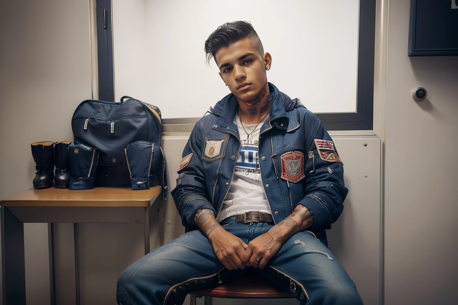 Huelva, Spain, 2019. ((((18-year-old)) Lorenzo)), in a police station, sitting on a chair, drunk, bloody nose, bruised. ((((casual clothings from the 2010s, jacket, boots)))), ((buzzed hairstyle of the 2010s))