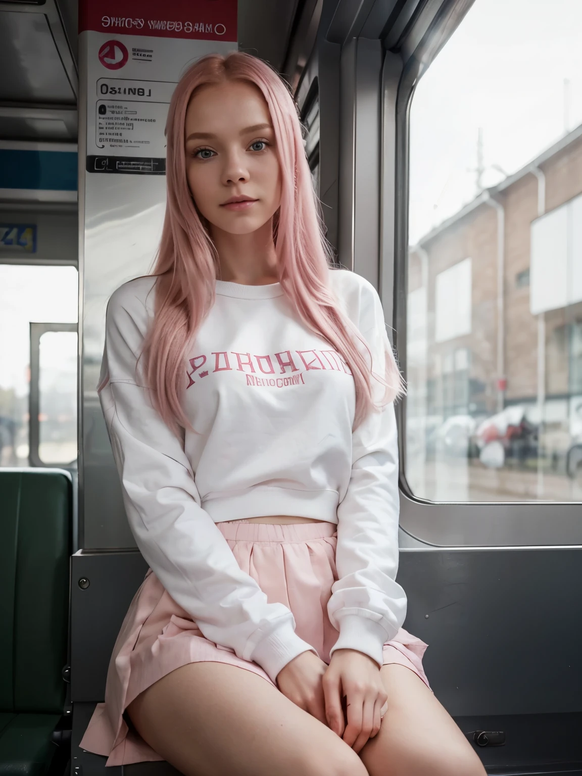Very skinny Russian pink haired girl sitting on a train, wears a white skirt, pullover, 19 jahre, fragile body, zarte haut, junges gesicht, top quality,