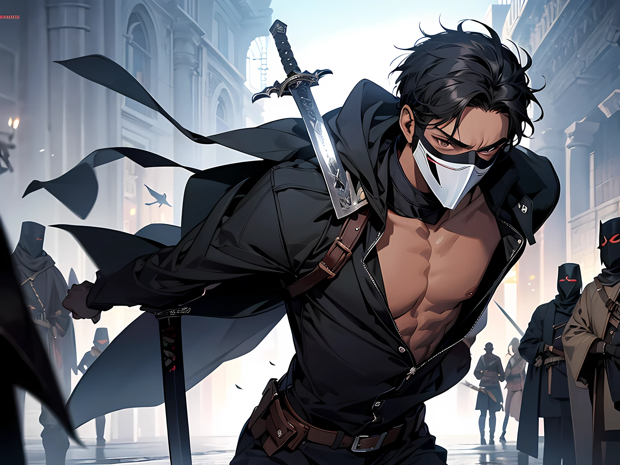 thin young man, dark skin wearing mask, V-shaped vendetta wears a mask, bare chest, worn out cloth, black hair, training with a sword, sword clashing, battle with sword, mighty power
