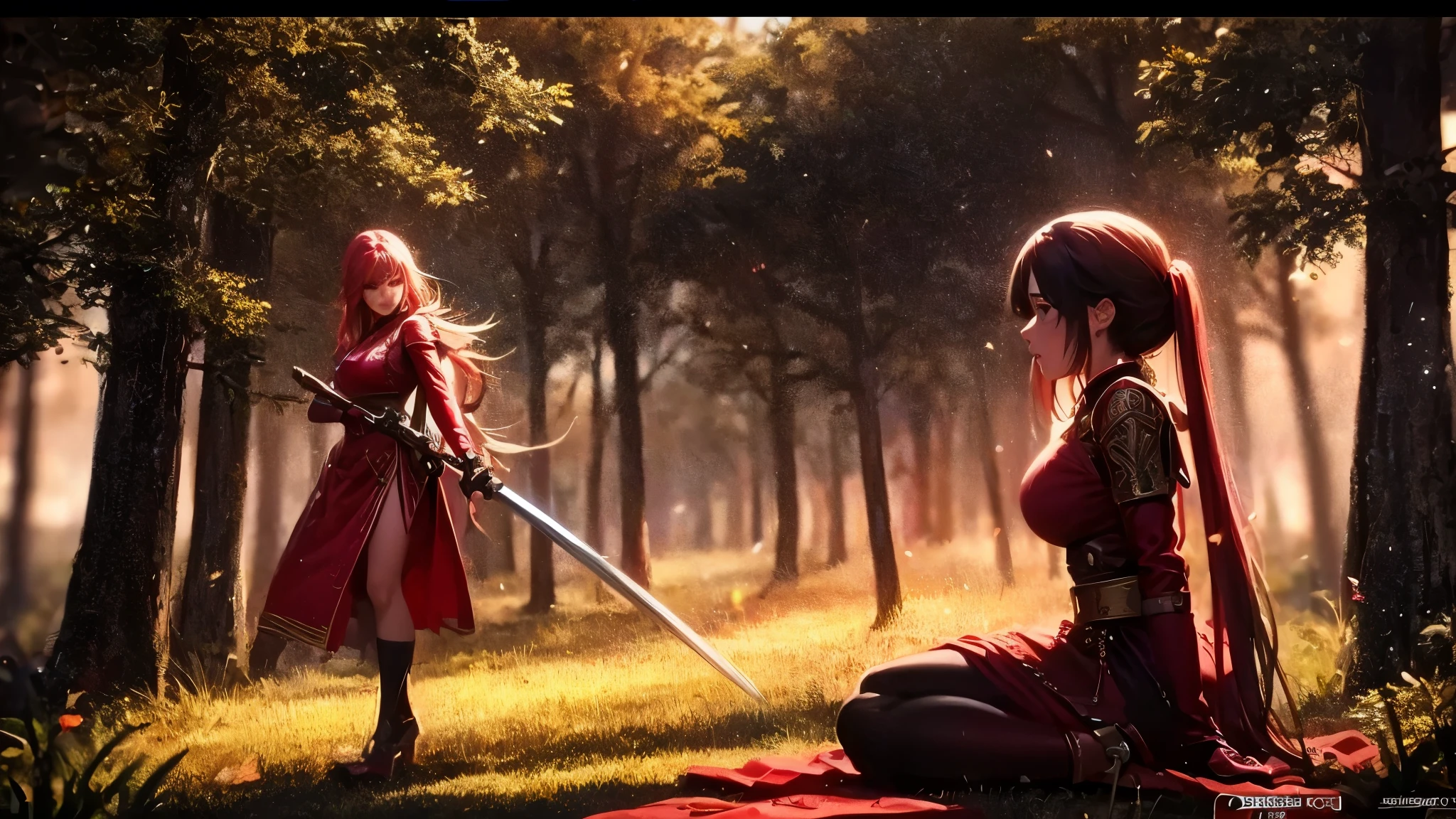 Woman in red ethnic costume holding a sword in the forest, anime wallpaper 4k, anime wallpaper 4k, 4k anime wallpaper, epic anime artwork, Spectacular 8K HD anime shots, beautiful anime scene, anime art wallpaper 4k, anime art wallpaper 4k, HD Anime Wallpapers, Gwaites style artwork, terrible anime 8k