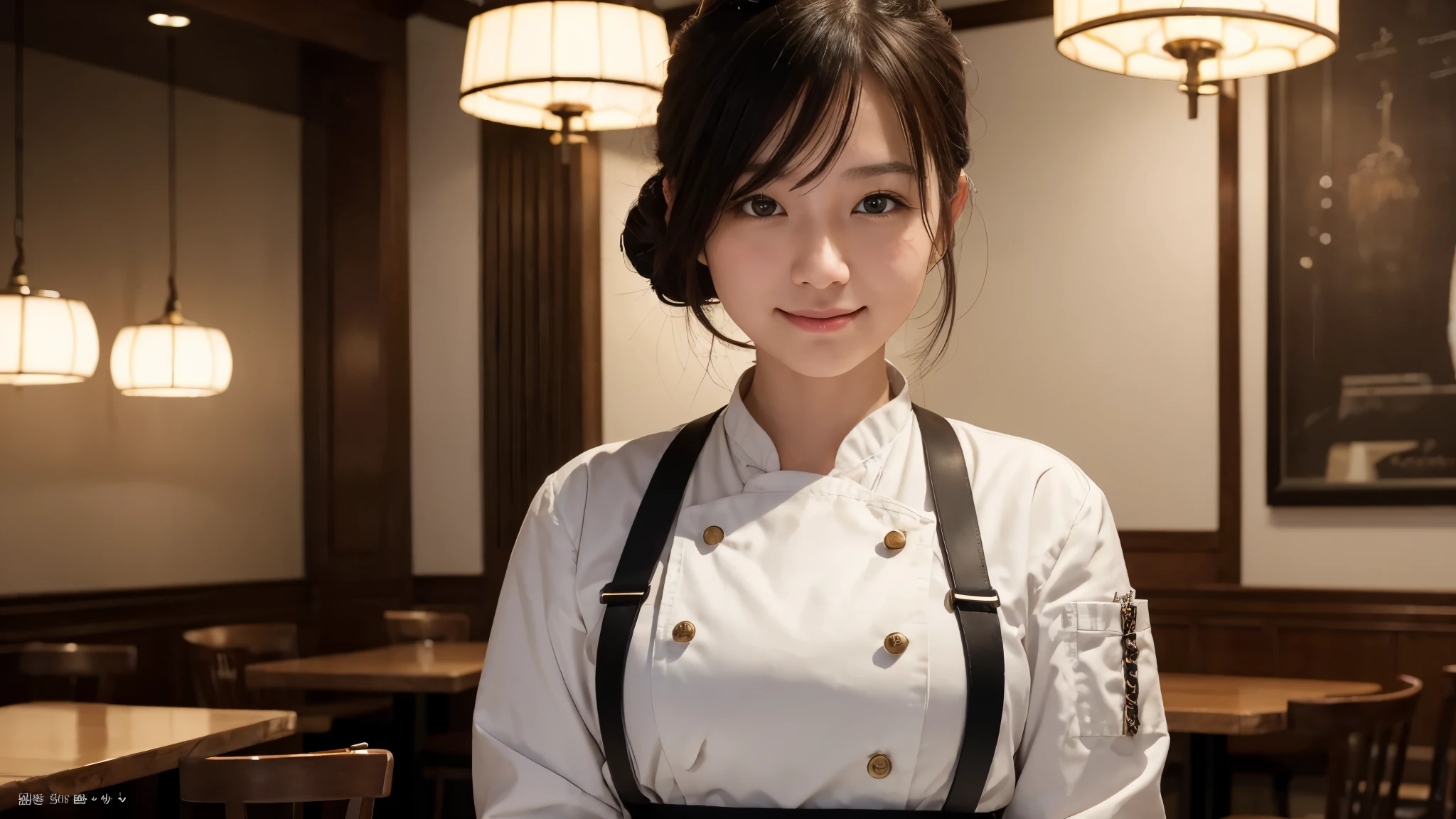 masterpiece, award winning, high quality, super detail, 8k, photo, girl, solo, smile, she is a pastry chef, chef's attire, portrait style, close up, she comes from Japan, Like a magazine interview, at the cafe, antique interior, soft lighting