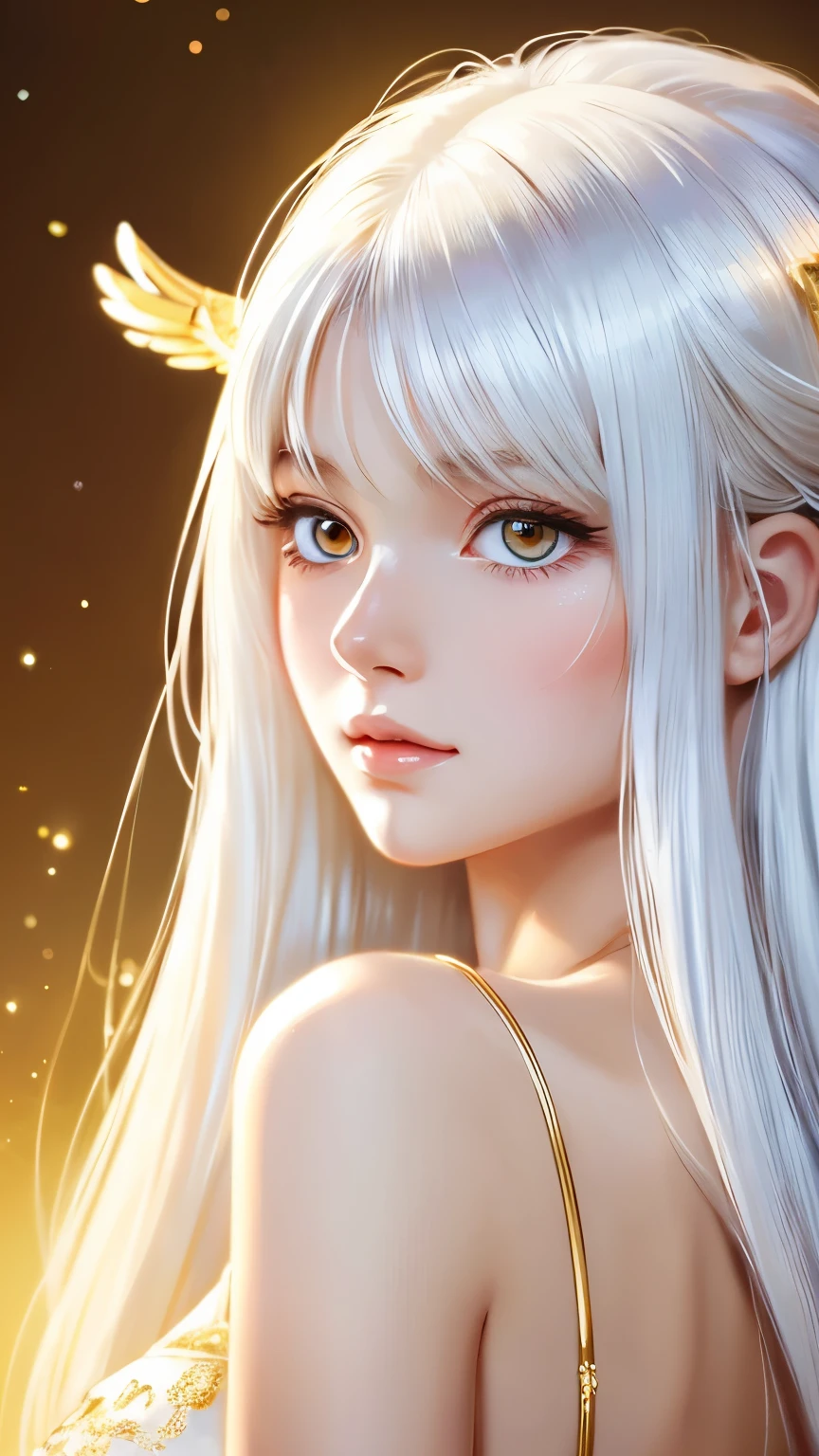 masterpiece, best quality, ultra-detailed, illustration, close-up, straight on, sexy, 1girl, white hair, golden eyes, long hair, halo, angel wings, serene expression, looking at viewer