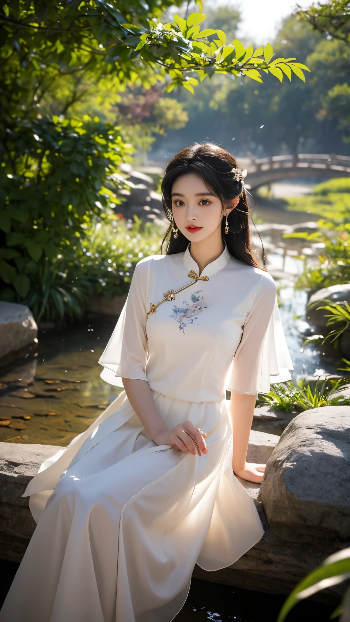 mgftangzhuang, chinese clothes,shirt,hair ribbon,short sleeves, see-through sleeves, long skirt, high heels, (masterpiece, best quality:1.2), 1girl, solo, In the depths of Wonderland，The moonlight falls like water，foggy room，The figure of the heroine is vaguely visible，Just like the fairy in the painting，Slender sexy legs，Very nice legs，Leaking sexy legs，Big breasts，美丽而又带着一丝mystery的色彩。Her face is beautiful and delicate，Like finely carved jade，Showing otherworldly beauty。The eyebrows are picturesque，The waves in my eyes are like twinkling stars，Show the light of perseverance and wisdom。The bridge of the nose is straight，Lip color like cherry，The slightly raised corners of the mouth reveal confidence and calmness。Her face is well defined，The skin is as fair as jade，Reveals a healthy glow，Just like a fairy, she never eats fireworks in the world。Her makeup is light and delicate，Not too much embellishment，But enough to show her temperament and charm。Light-colored foundation brings out the transparency of the skin，A light eyebrow pencil outlines her perfect eyebrow shape，Eye makeup is eye shadow and eyeliner，Make her eyes brighter and more energetic。嘴唇涂上grace的口红，Adds a bit of charm and sophistication。她的衣服grace别致，Clothes flutter，It seems like it will be blown up by the wind at any time，drifting into the distance。既不失grace，Also showed her extraordinary skills。A wide belt is tied around the waist，There is a crystal clear jade pendant hanging on it，Rocking with her movements。Her hair is tied back casually，Secure it with a hosta，A few strands of hair are fluttering gently in the wind，Adds a bit of softness。Her figure is looming in the fairyland，宛如一道Big breasts美丽的风景线，attracted everyone&#39;s attention。She seems to be a fairy in wonderland，Big breasts美丽、grace、mystery、and full of power。