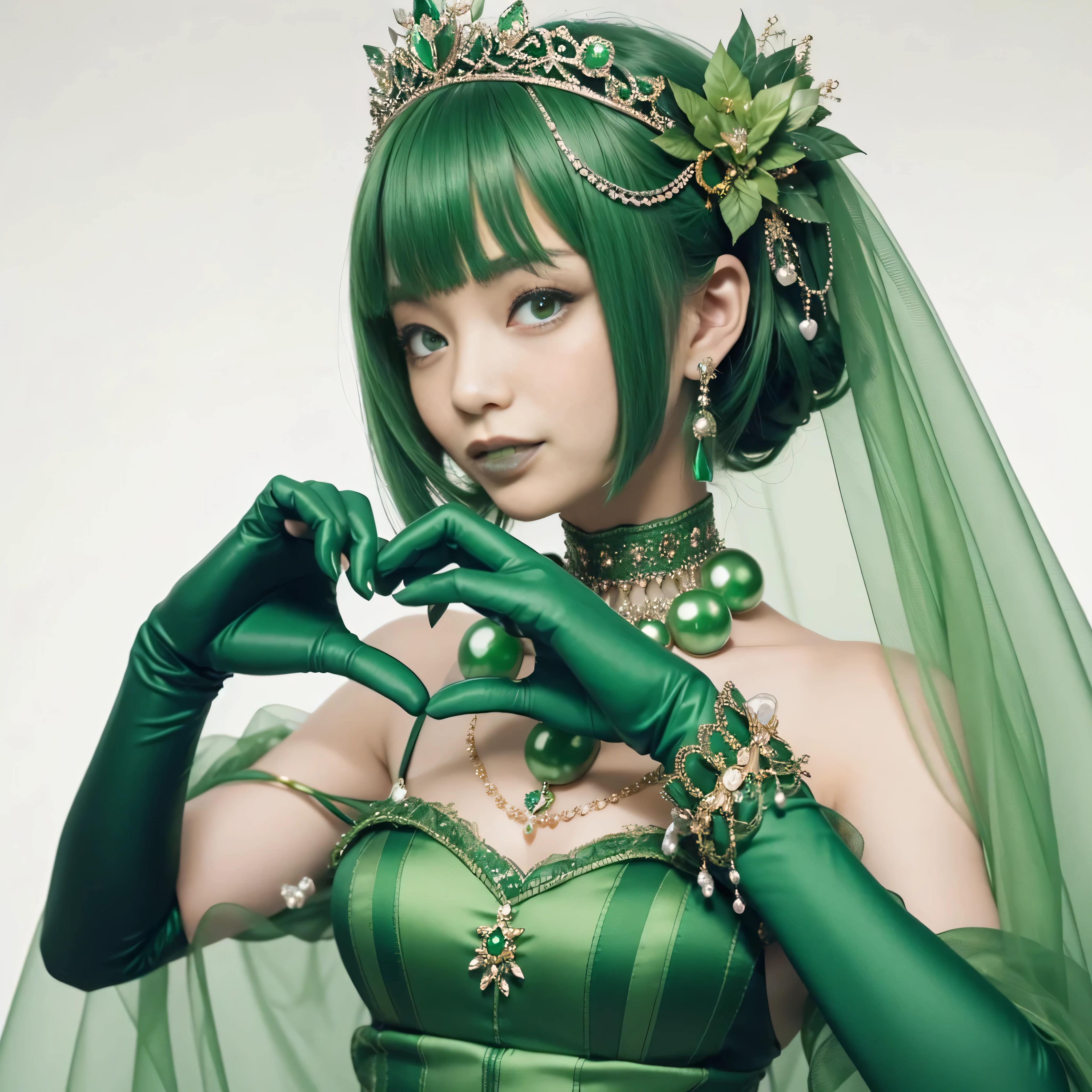 emerald tiara, green pearl necklace, ボーイッシュな非常に短いgreen hair, lipstick, smiling Japanese woman, very short hair, Beauty with large breasts, green eyes, Long Green Satin Gloves, green eyes, emerald earrings, green veil, heart with both hands, green hair, beautiful japanese woman, heart shaped hand:1.3, green lip gloss