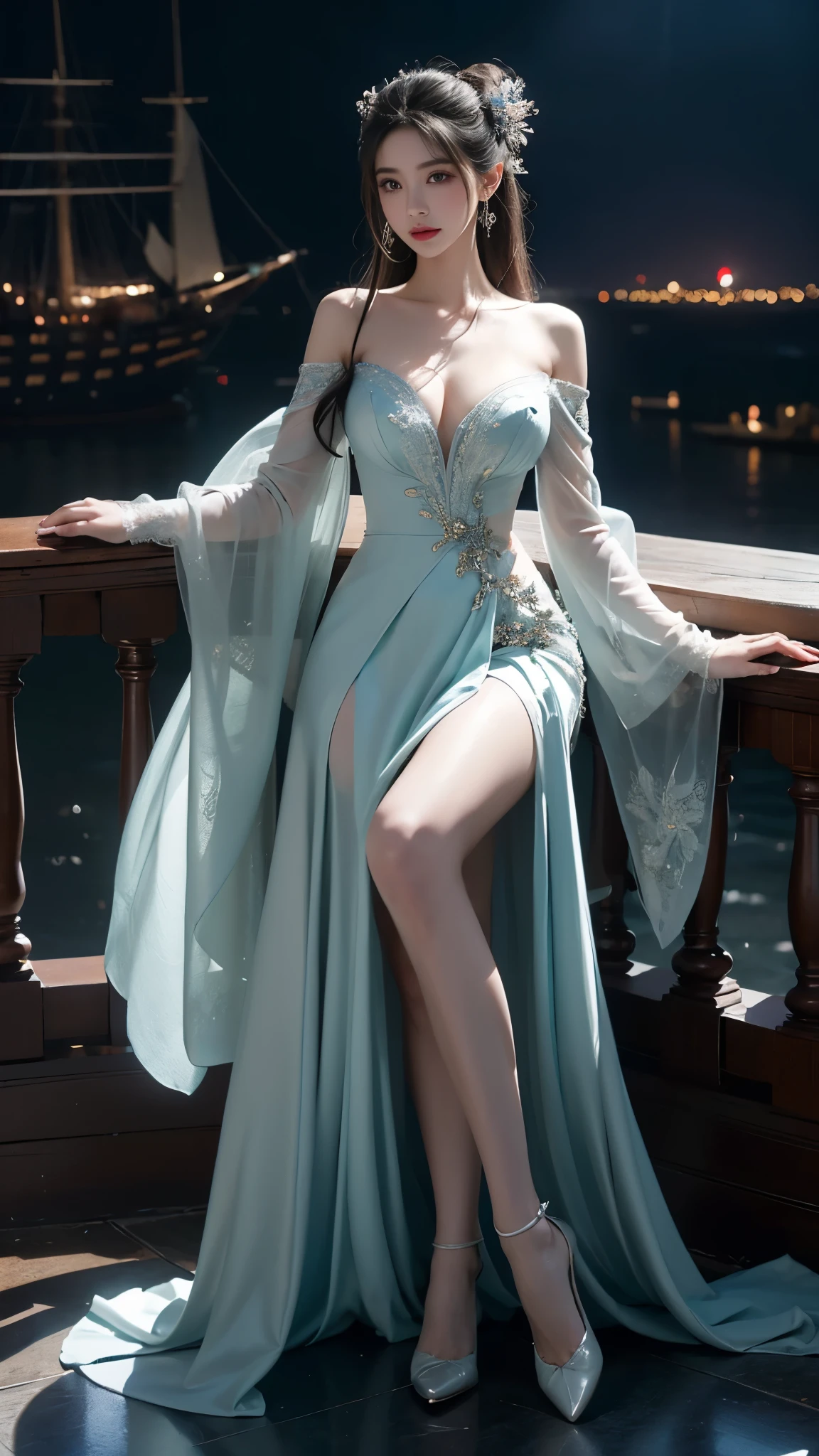 (masterpiece, best quality:1.2), 1girl, solo, In the depths of Wonderland,The moonlight falls like water,foggy room,The figure of the heroine is vaguely visible,Just like the fairy in the painting,Slender sexy legs,Very nice legs,Leaking sexy legs,Big breasts,美丽而又带着一丝mystery的色彩。Her face is beautiful and delicate,Like finely carved jade,Showing otherworldly beauty。The eyebrows are picturesque,The waves in my eyes are like twinkling stars,Show the light of perseverance and wisdom。The bridge of the nose is straight,Lip color like cherry,The slightly raised corners of the mouth reveal confidence and calmness。Her face is well defined,The skin is as fair as jade,Reveals a healthy glow,Just like a fairy, she never eats fireworks in the world。Her makeup is light and delicate,Not too much embellishment,But enough to show her temperament and charm。Light-colored foundation brings out the transparency of the skin,A light eyebrow pencil outlines her perfect eyebrow shape,Eye makeup is eye shadow and eyeliner,Make her eyes brighter and more energetic。嘴唇涂上grace的口红,Adds a bit of charm and sophistication。她的衣服grace别致,Clothes flutter,It seems like it will be blown up by the wind at any time,drifting into the distance。既不失grace,Also showed her extraordinary skills。Rocking with her movements。Her hair is tied back casually,Secure it with a hosta,A few strands of hair are fluttering gently in the wind,Adds a bit of softness。Her figure is looming in the fairyland,宛如一道Big breasts美丽的风景线,attracted everyone's attention。She seems to be a fairy in wonderland,Big breasts美丽、grace、mystery、and full of power。
