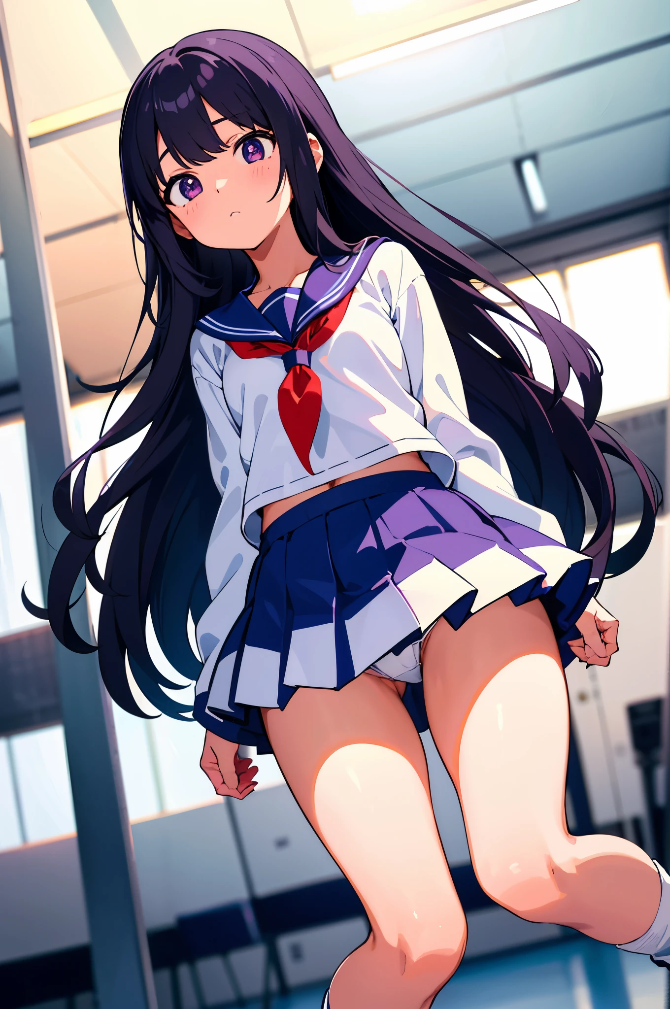 school gymnasium　Inside the gymnasium　elementary school girl　8-year-old　flat chest　black hair　long hair　eyes are purple　（（1 person））　Upper body white long sleeve sailor suit　Lower body navy blue mini skirt　white panties　white socks　sports boots　running　Open your legs slightly（（white pantiesが見える））　dynamic angle　Low angle focusing on the lower body