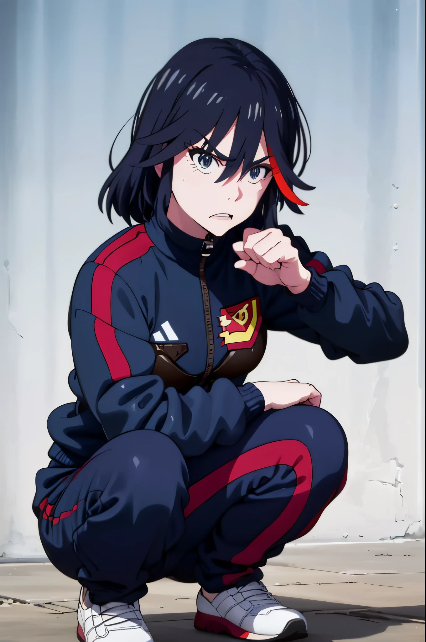 (best quality,ultra-detailed,realistic:1.37), a very confidant badass arrogant cocky boss bitch attitude Hoshino 1 solo ryuuko matoi, wearing adidas tracksuit slav squatting with both of her hands in her pants pockets with a mean face with a bottle of whisky next to her