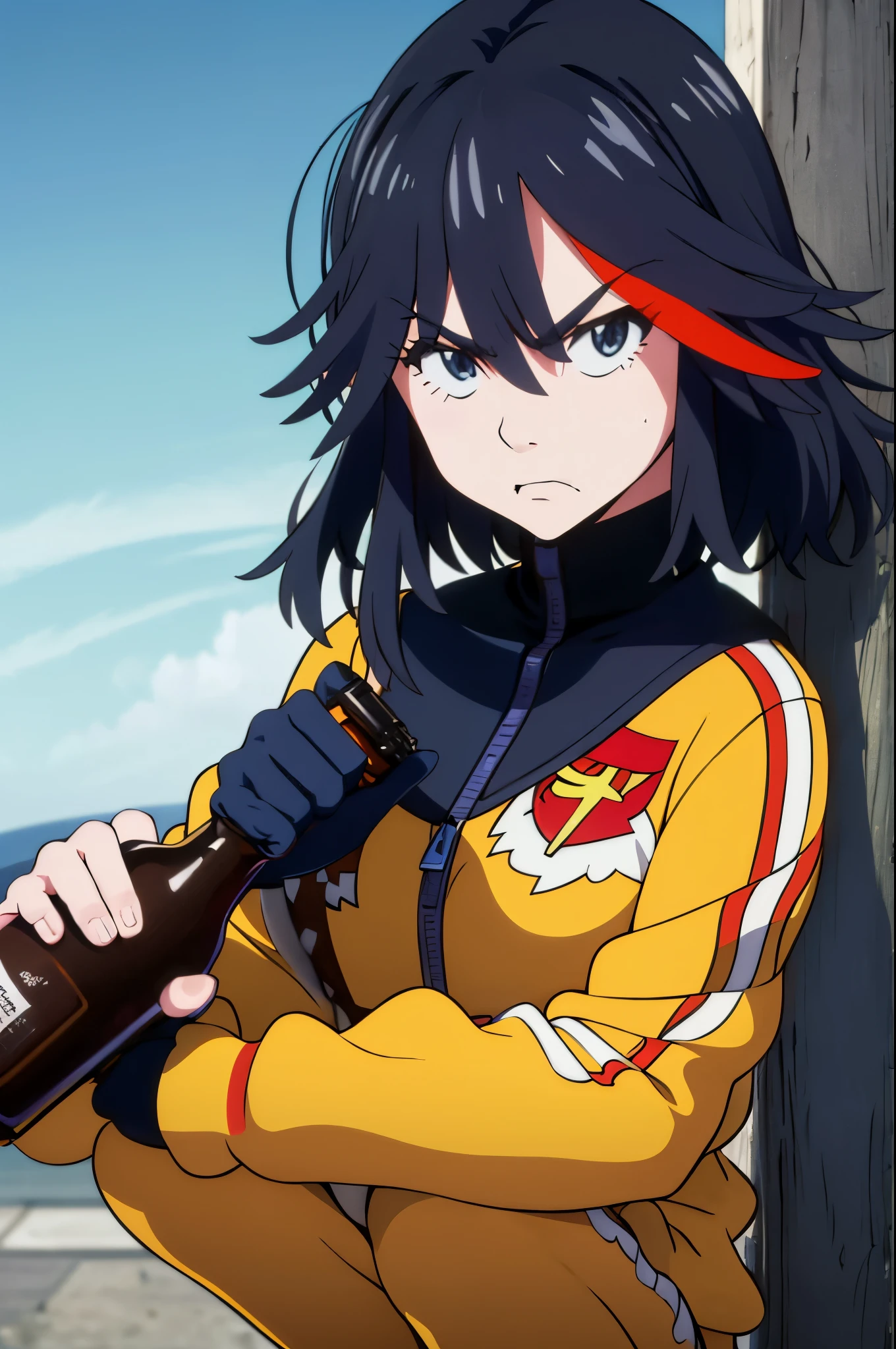 (best quality,ultra-detailed,realistic:1.37), a very confidant badass arrogant cocky boss bitch attitude Hoshino 1 solo ryuuko matoi, wearing adidas tracksuit slav squatting with both of her hands in her pants pockets with a mean face with a bottle of whisky next to her