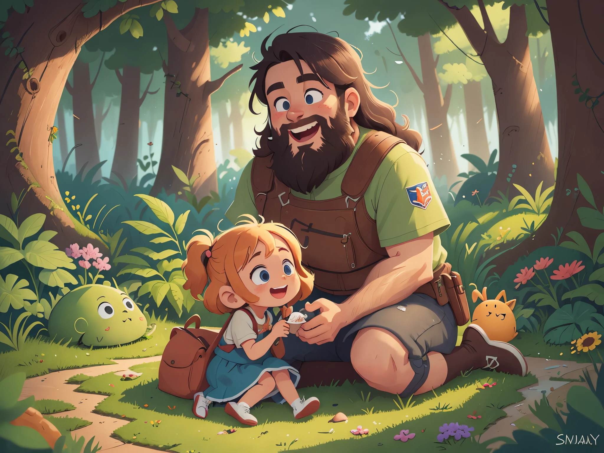 A bearded man and a five-year-old blond girl are playing in the garden, [[[Ultra detailed, best quality, beautiful, 4K, detailed faces, medieval story]]], blond hair, blue eyes, happy , ((joy, smiley face)), whole body, chase, garden, warm home garden