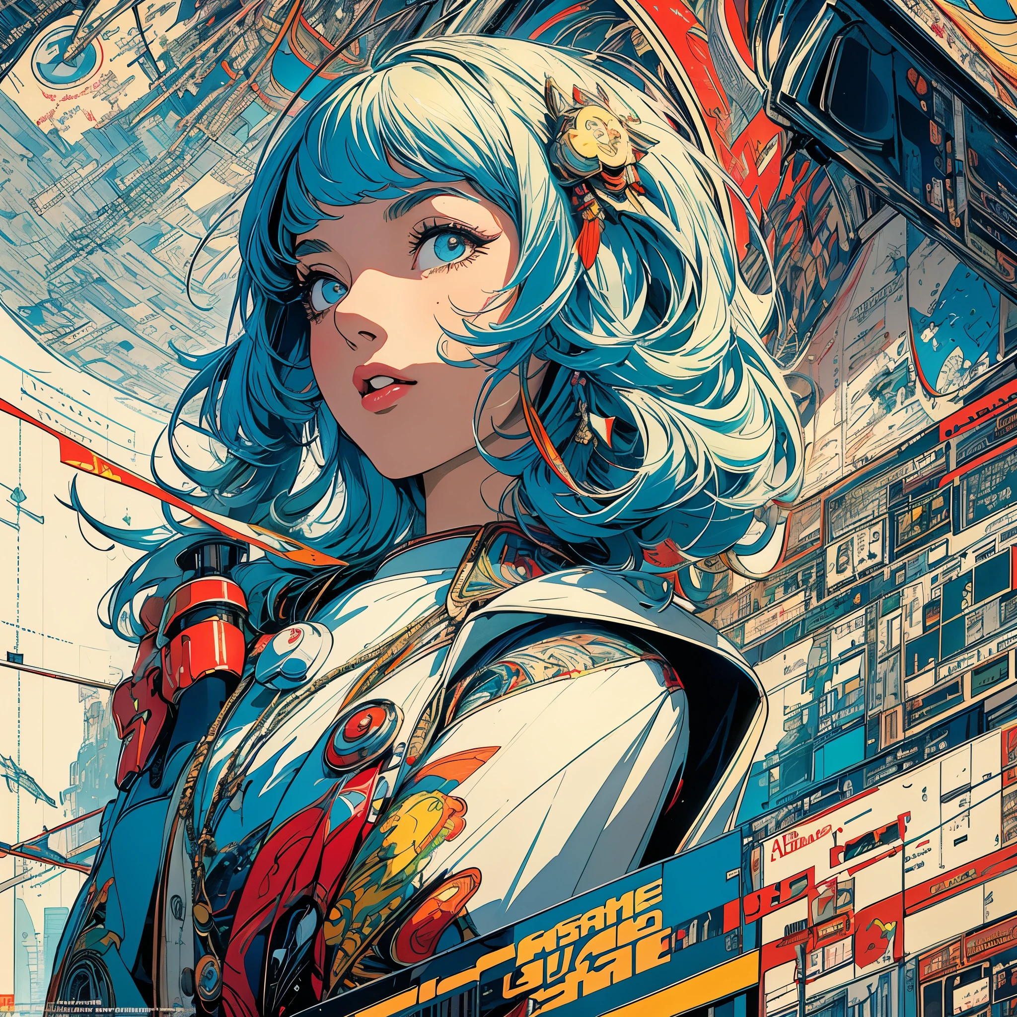 (masterpiece, highest quality), 32k,(A very detailed beautiful woman), poster,science fiction,1960s,1970's,bauhaus, shape, OK, abstract, propaganda,movie poster, vintage,retro,Futuristic,anime,ultimate map,Perfect rainbow,highlight,angle from below,highly detailed eyes,