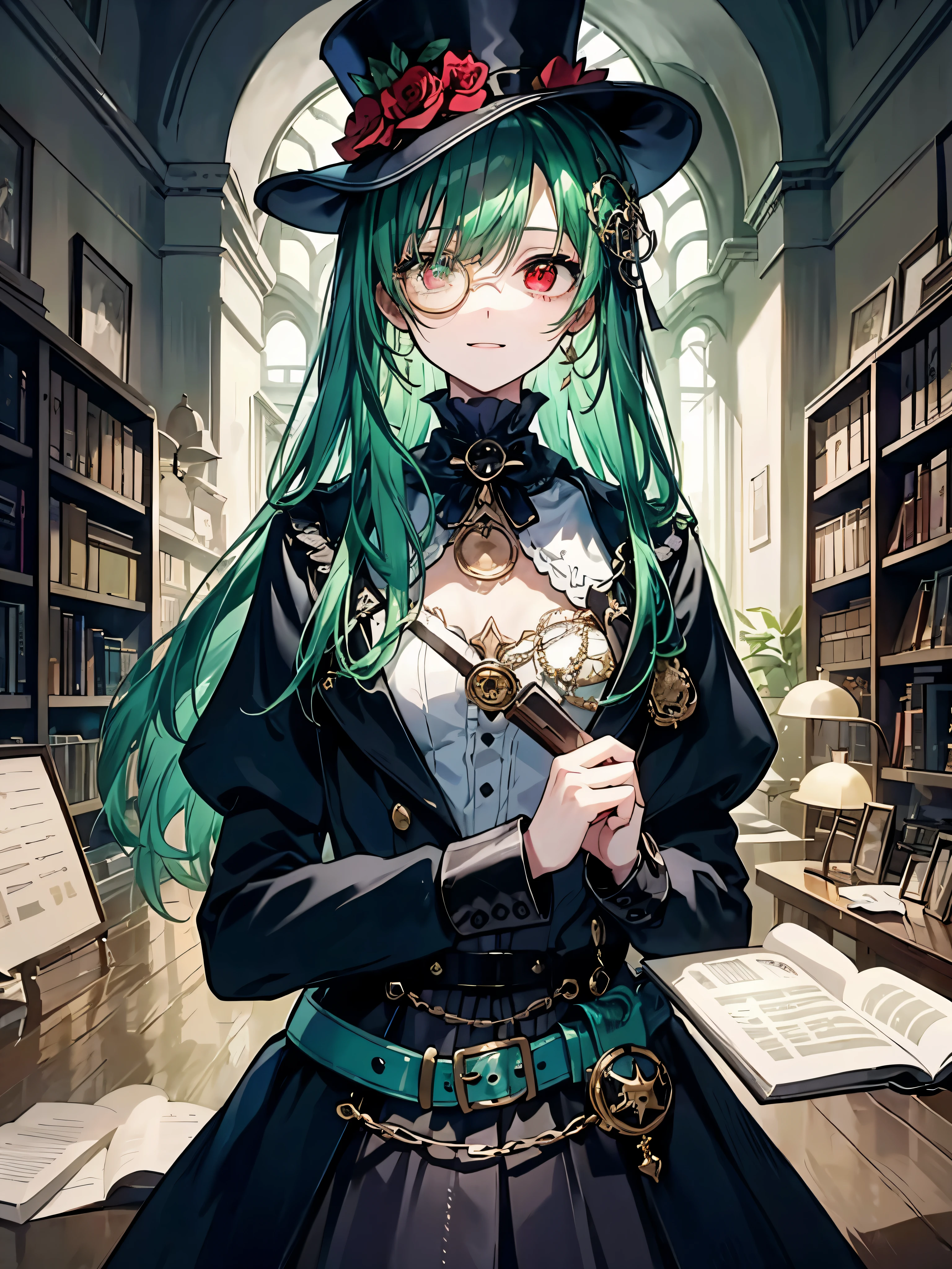 (((masterpiece、best image quality、highest quality、Highly detailed Unity 8kwallpaper)))、((Illustration of one girl、Upper body))、(((beautiful girl)))、(librarian)、(Emerald green hair、messy hair、side lock、red eyes、Open pupils、crazy smile:1.4)、(((flat chest)))、(((monocle)))、pocket watch、(((Black top hat、Black tuxedo、belt)))、great medieval library、Large amount of books、dim room