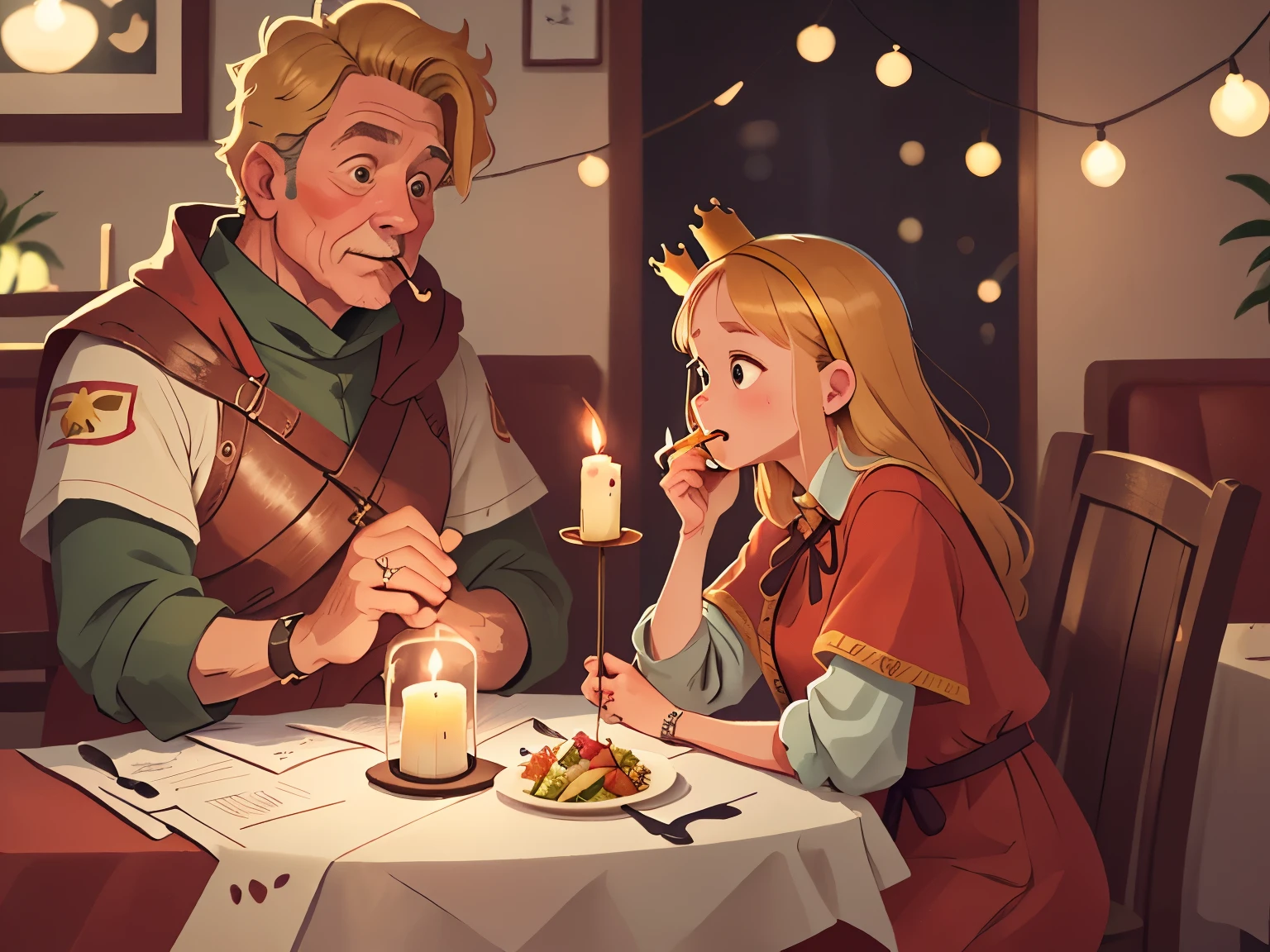 ,Medieval Europe, medieval clothing, ancient times,(Dad and Mom wearing crowns are eating at the dining table, dining in the restaurant, and having a candlelight dinner:1.5),((blonde hair)), watercolor, medieval style,