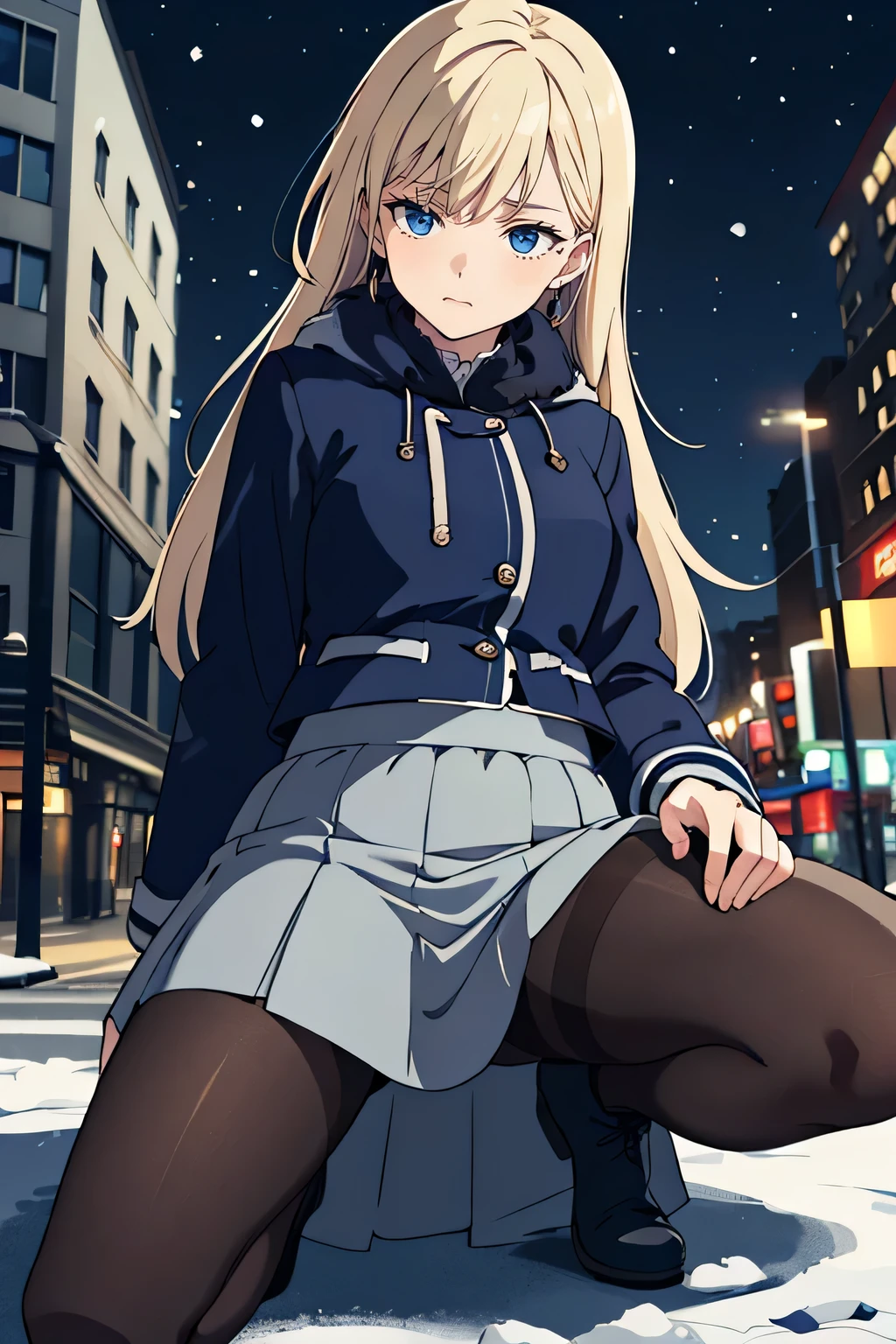 high-definition images, 8k, super detail, accurate, best quality, various composition, a woman, (winter clothes, fluffy jacket, skirt), (shy), looking away, (drooping eyes), (sleepy), earrings, spread her legs slightly, crouching, ((touching her groin area of pantyhose)), masturbation, dark hour of down, boots, downtown area, ((long-skirt-lining between her legs)),