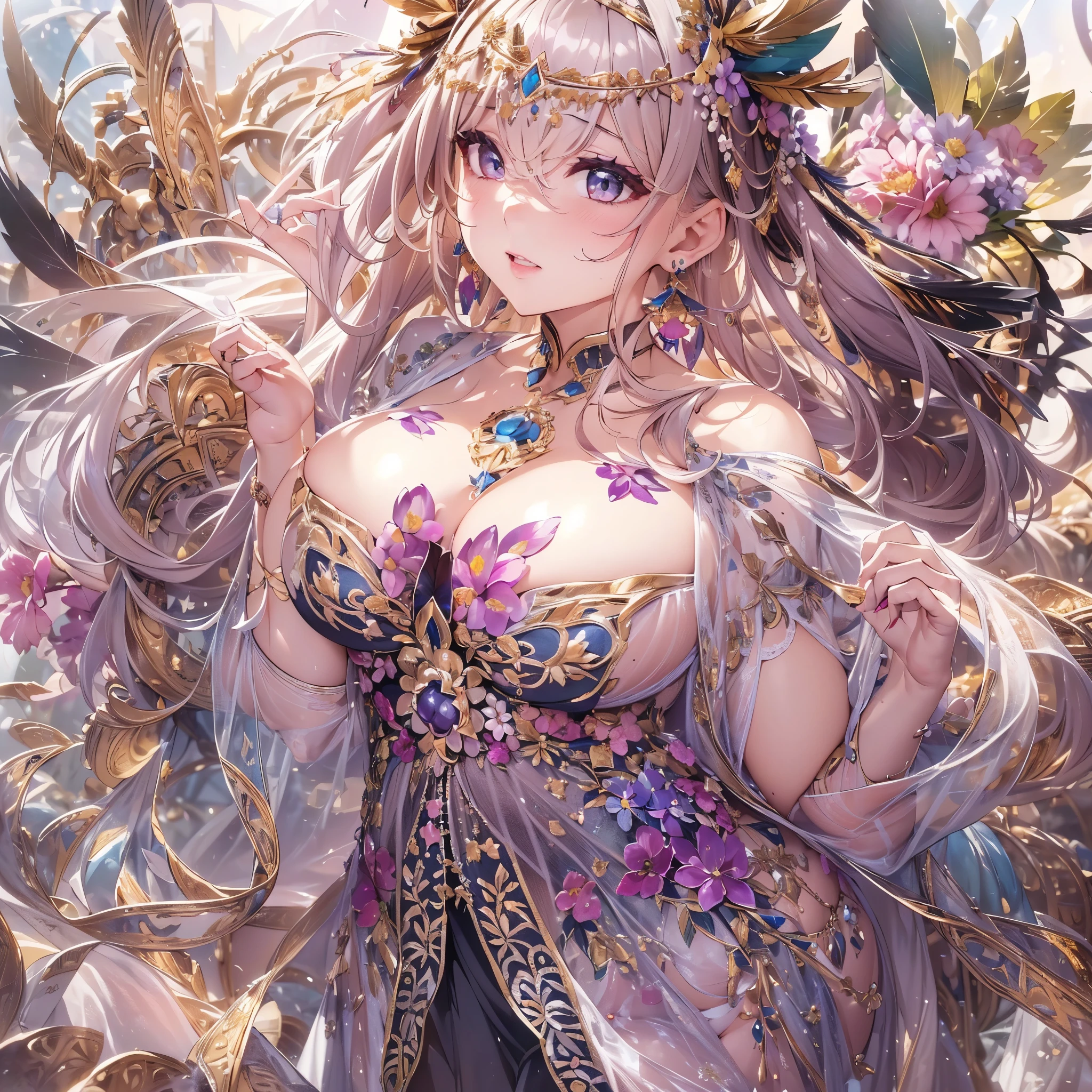 過去最高のmasterpiece、beautiful美しさ, 3D two-dimensional, rich, blonde, skirt, stockings, high heels, star、(Highly detailed CG Unity 8K wallpaper),(masterpiece), (最高quality), (超be familiar with), (best work),(best shadow), (sharp eyeliner, eye shadow, fine eye:1.1), (超High resolution,realistic,最高quality,realistic),(8K,RAW photo,最高quality,star),mature woman、sensual curves、huge breasts、thighs、bubble、お尻のmasterpiece, 最高quality, 超be familiar with, full body shot, mature woman, beautiful mature woman, nightgown and underwear, enchanting smile, thick lips, Chubby lips, blush, looking at the viewer, provocative expression, beautifulhair型, cleavage, Plump、curvy hips、attractive face、sexy lingerie、an inviting gaze、Expression of emotions、Lewd underwear、(((erotic see-through lingerie set)))、Standing position、gorgeous accessories 、big breastsの女性, bare shoulders, 金色のhair, colored feather, metal ornaments, colored flowers, particle, light, (masterpiece, 最高quality, 最高quality, official art, beautiful and aesthetic:1.2), (1 girl:1.5), 非常にbe familiar with,(fractal art:1.1),(colorful:1.1)、(flowers:1.3),most detailed,(zentangle:1.2), (dynamic pose), (abstract background:1.3), (shiny skin), (lots of colors :1.4), ,(earrings:1.4), (feather:1.4),masterpiece, 最高quality, 超be familiar with, 30~40 years, full body shot, beautiful 、さまざまなhair型，gold headband，plump breasts，beautiful，greek clothing，Tulle covers the breasts，perfectly proportioned, detailed clothing details,marble，god statue，cinematic lighting, film grain, 8K, masterpiece, 超be familiar with, high detail, 高quality, High resolution,(((NSFW:1.2)))、exposed chest、Openwork decoration，(((see through dress)))、(((解剖学的に正しいbody))) , 最高quality, 超be familiar with, (((Lewd underwear)))、raise your butt, from below, (((R-18)))、thighs, big breasts, Are standing, cowboy shot, blush, (((1 girl))), (masterpiece:1.3), (High resolution), (8K), (非常にbe familiar with), perfect face, Nice eye and face, (((最高quality))), (超be familiar with), detailed face and eye, (alone), beautifuleye,(((sexy pose)))、(((整ったbig breasts)))、((beautiful eye))、luxury、(((超High resolution)))、(((detailed description)))、(((ぽっちゃりbody型)))、(((解剖学的構造に一致したbodyの部位)))、beautiful長いまつ毛、バランスのとれたbody型,2 feet、Just the right size for your legs and arms、Fishnet tights、glamorous、(((Clear white and black eye)))、lipstick、Sparkling、(Undistorted face, eye, body)、jewelry、gem、(長くカールしたbeautifulまつ毛)、(((バランス良いbeautiful胸)))、(transparent, Exquisite skin:1.2)、(((完璧なglamorousボディー)))、actress face、Super beautiful、Cute smile、Healing beauty、Flower shower、完璧なeye、realistic depiction、Super sexy、glossy、Glamorous、double eyelids、Good dark makeup、makeup、ぼやけていないeye , expensive_quality, expensive_solve, masterpiece*I wore, whitespace, colorful, 1 girl, alone, white_hair, prism hair, [pink|green] eye, gradient eye, multicolored eye, shine eye, shine, Sparkling, shine white particles, Alone、one shot、adorable、Plump、Glossy and exquisite skin、はっきりしたeye鼻立ち、realistic eyes、whiteい肌, real human skin, (be familiar with), oval face, pore, (8K, Raw photo, realistic: 1.4), one girl, (Gentle and Goddess-like Eyes) happiness: 1.2), (lip gloss, eyelash, gross face, 最高quality, 超High resolution, wide lighting, natural shading)、ぼやけていないeye、(((Plump face)))、cute face 、(((つやつやのshine肌)))、eyeの補正