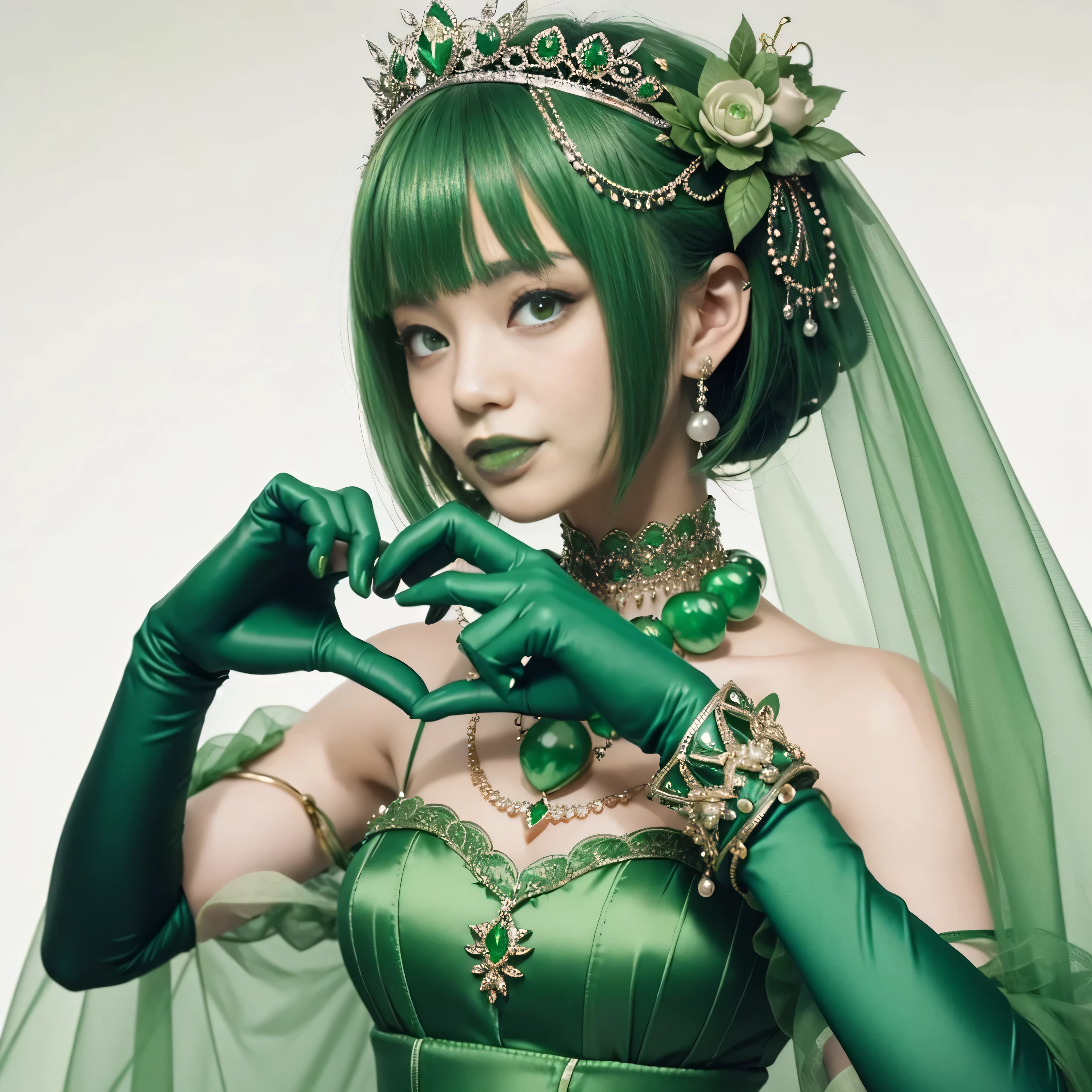 emerald tiara, green pearl necklace, ボーイッシュな非常に短いgreen hair, lipstick, smiling Japanese woman, very short hair, Beauty with large breasts, green eyes, Long Green Satin Gloves, green eyes, emerald earrings, green veil, heart with both hands, green hair, beautiful japanese woman, heart shaped hand:1.3, green lip gloss