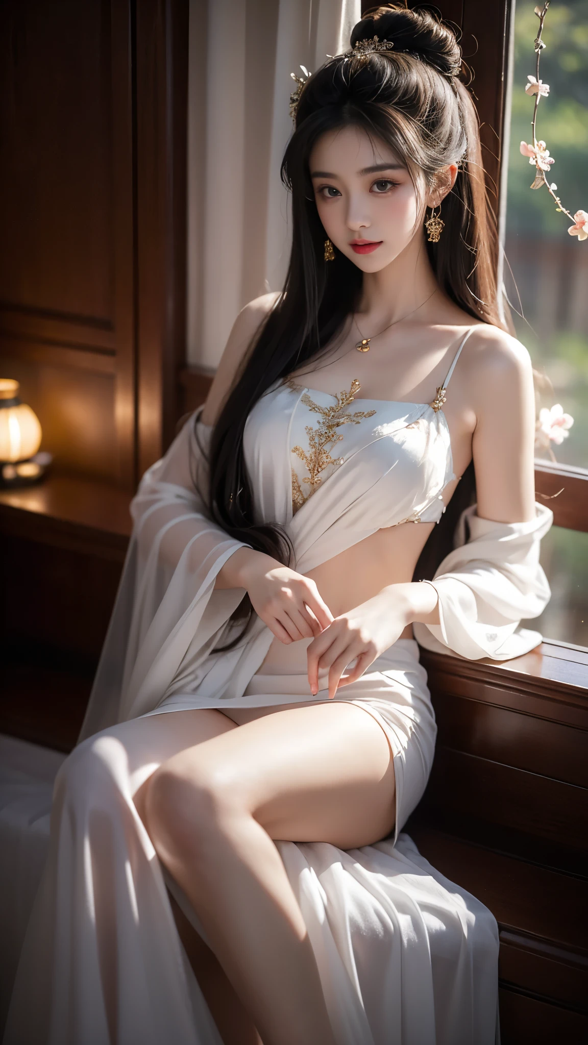 (masterpiece, best quality:1.2), 1girl, solo, In the depths of Wonderland，The moonlight falls like water，foggy room，The figure of the heroine is vaguely visible，Just like the fairy in the painting，Slender sexy legs，Very nice legs，Leaking sexy legs，Big breasts，美丽而又带着一丝mystery的色彩。Her face is beautiful and delicate，Like finely carved jade，Showing otherworldly beauty。The eyebrows are picturesque，The waves in my eyes are like twinkling stars，Show the light of perseverance and wisdom。The bridge of the nose is straight，Lip color like cherry，The slightly raised corners of the mouth reveal confidence and calmness。Her face is well defined，The skin is as fair as jade，Reveals a healthy glow，Just like a fairy, she never eats fireworks in the world。Her makeup is light and delicate，Not too much embellishment，But enough to show her temperament and charm。Light-colored foundation brings out the transparency of the skin，A light eyebrow pencil outlines her perfect eyebrow shape，Eye makeup is eye shadow and eyeliner，Make her eyes brighter and more energetic。嘴唇涂上grace的口红，Adds a bit of charm and sophistication。她的衣服grace别致，Clothes flutter，It seems like it will be blown up by the wind at any time，drifting into the distance。既不失grace，Also showed her extraordinary skills。Rocking with her movements。Her hair is tied back casually，Secure it with a hosta，A few strands of hair are fluttering gently in the wind，Adds a bit of softness。Her figure is looming in the fairyland，宛如一道Big breasts美丽的风景线，attracted everyone&#39;s attention。She seems to be a fairy in wonderland，Big breasts美丽、grace、mystery、and full of power。