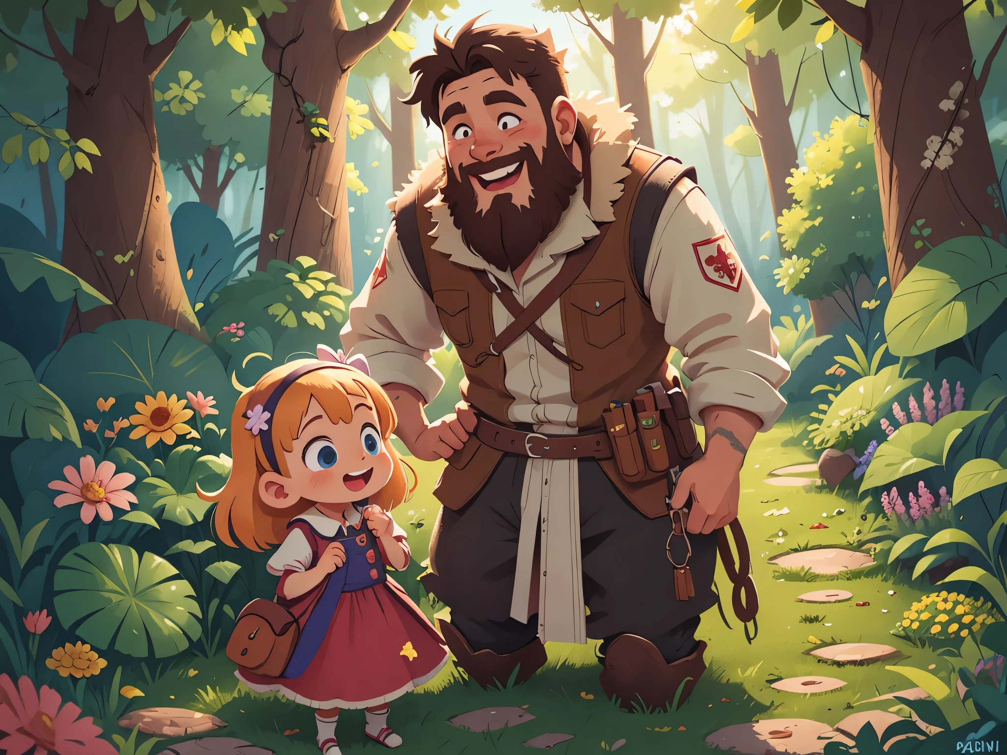 [[[Ultra detailed, best quality, beautiful, 4K, detailed faces, medieval story]]], A bearded man and a five-year-old girl are playing hide and seek, blond hair, blue eyes, happy, ( (joy, smile)), full body, chase, garden, warm home garden