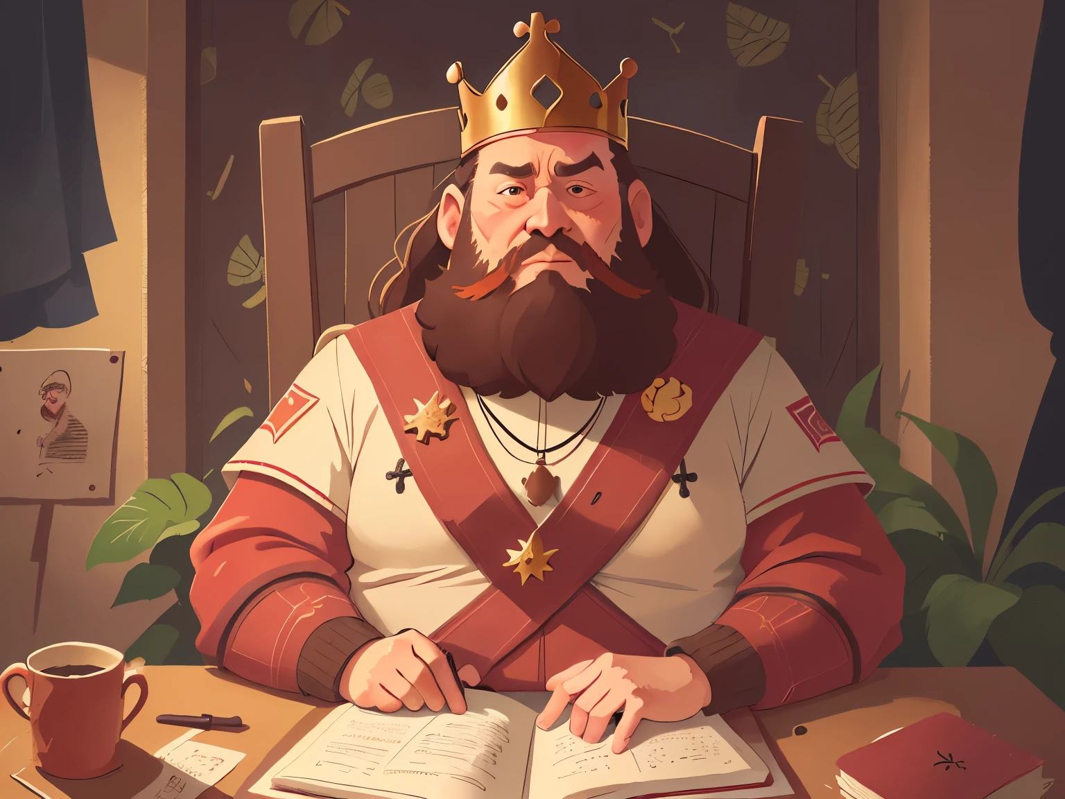 ,Medieval Europe, medieval clothing, ancient times,(A fat king sat in his chair, holding a crown, palace, close-up, beard, and short brown hair in his hand:1.5),((blonde hair)), watercolor, medieval style,
