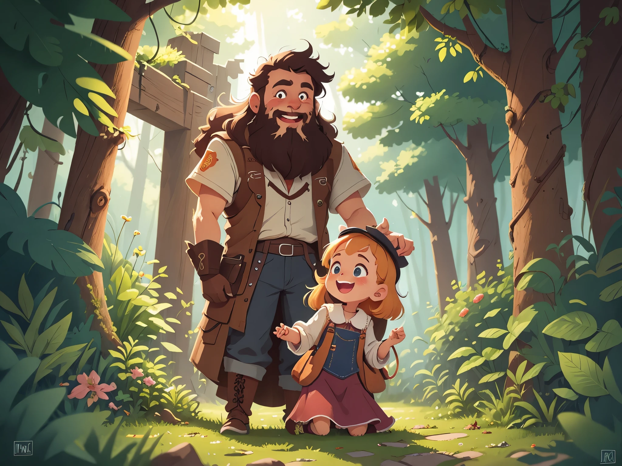 [[[Ultra detailed, best quality, beautiful, 4K, detailed faces, medieval story]]], A bearded man and a five-year-old girl are playing hide and seek, blond hair, blue eyes, happy, ( (joy, smile)), full body, chase, garden, warm home garden