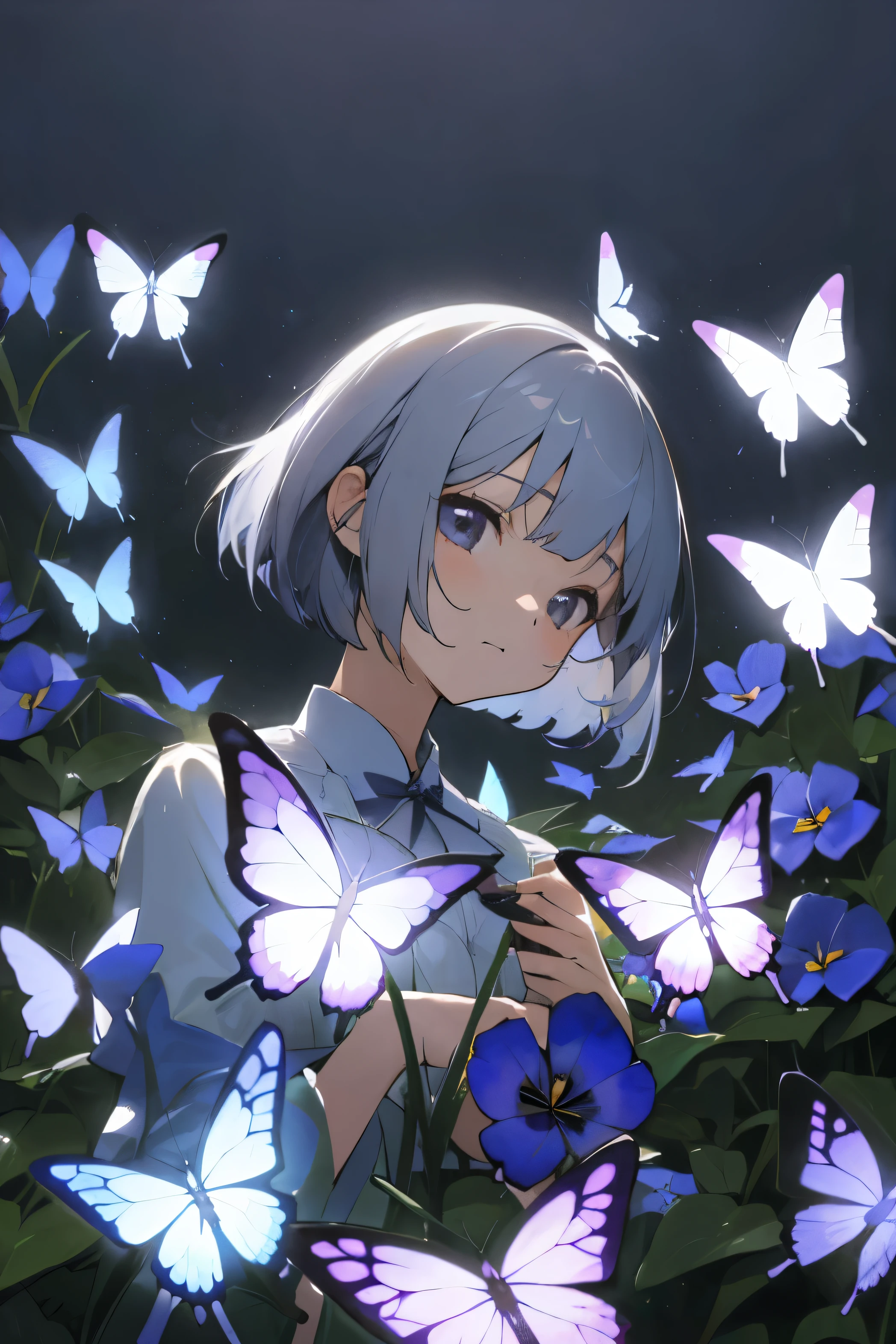 gray hair bob、pretty girl、A lot of butterflies are flying、light blue viola