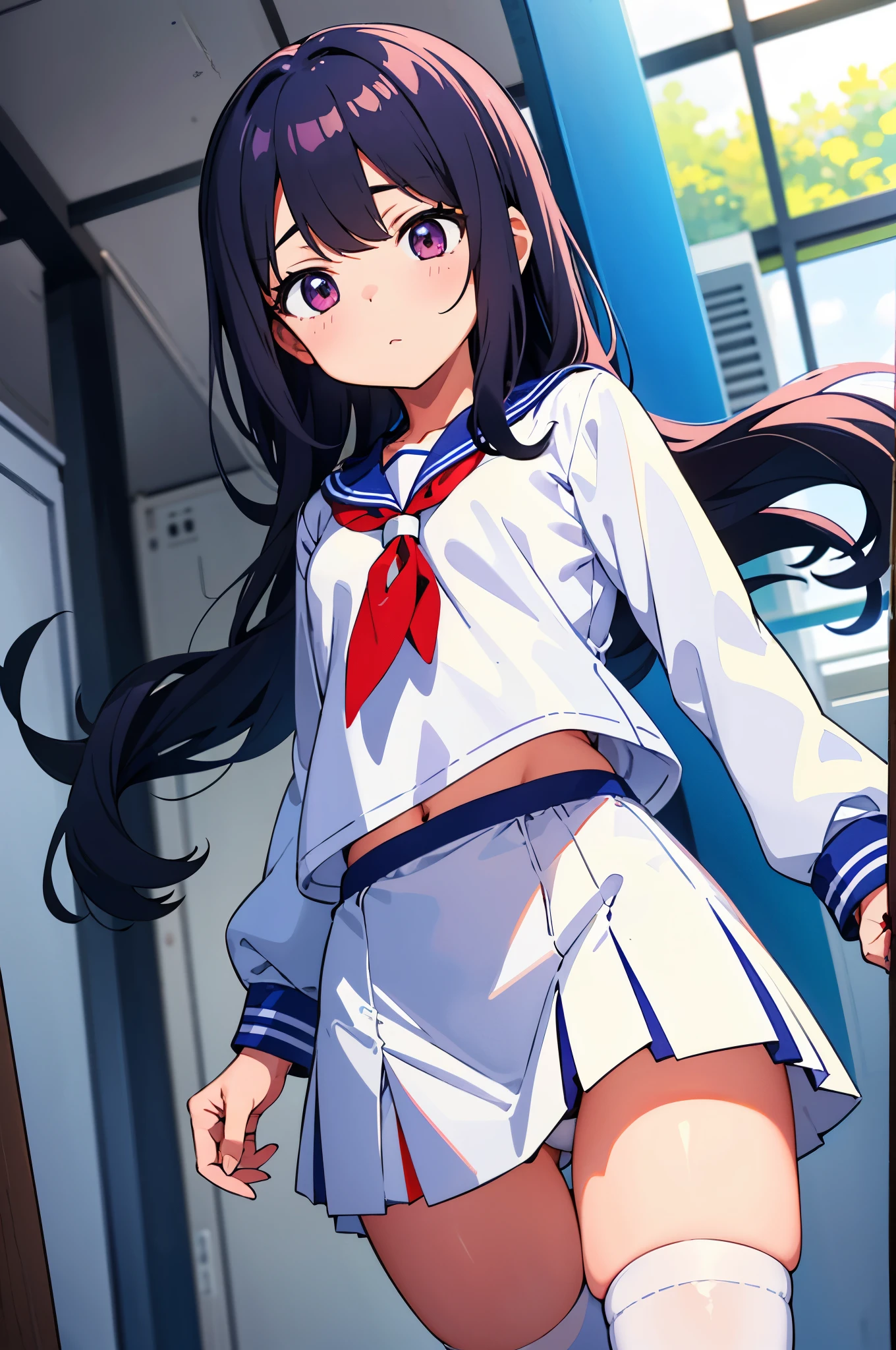 school gymnasium Inside the gymnasium elementary school girl 8-year-old flat chest black hair long hair eyes are purple ((1 person)) Upper body white long sleeve sailor suit Lower body navy blue mini skirt white panties white socks sports boots running Open your legs slightly((white pantiesが見える)) dynamic angle Low angle focusing on the lower body