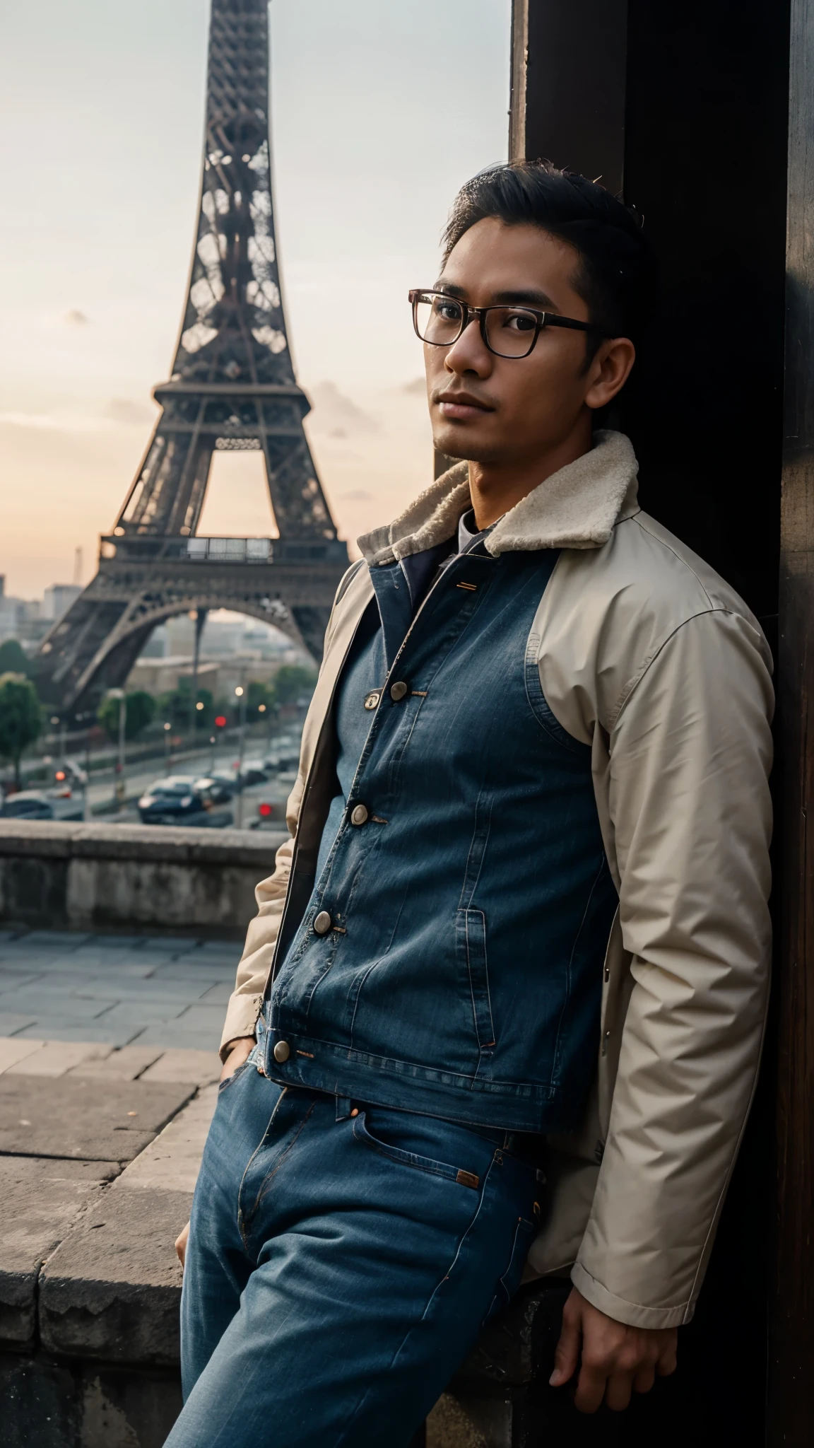 an Indonesian Javanese man(27 years old, oval and clean face, thin body, Indonesian-style skin, wearing a thick winter jacket, jeans) wearing glasses standing posing like a model on the Great tower Eiffel of Paris photo slightly tilted to the side, visible face, atmosphere night, minimal lighting, sunset light. ultra HD, real photo, very detail very sharp, 18mm lens, realistic, photography, leica camera