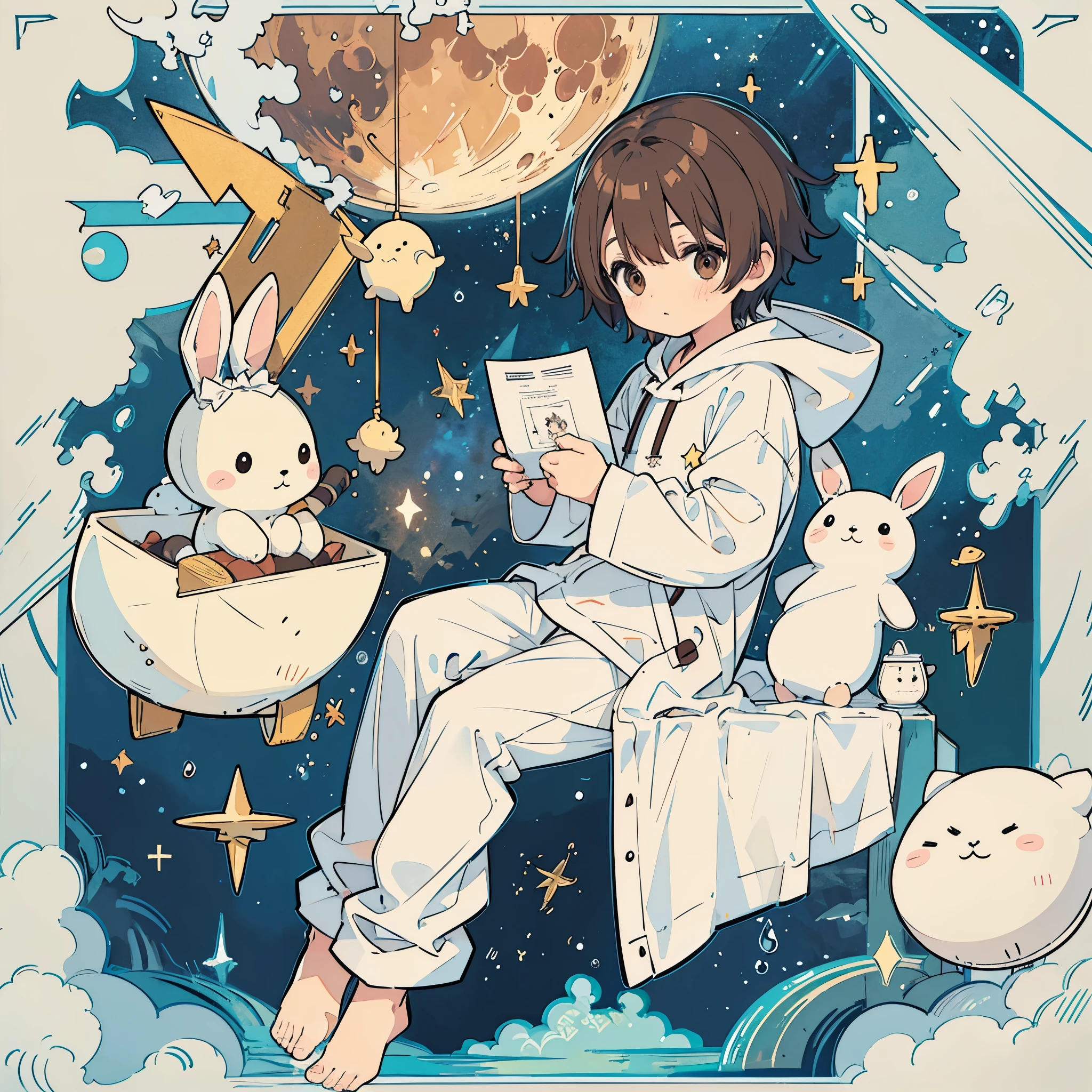 A 5--old wn-haired boy wearing white pajamas is drawing on paper. Rabbit stuffed animal, cute, stars, moon, milky way,