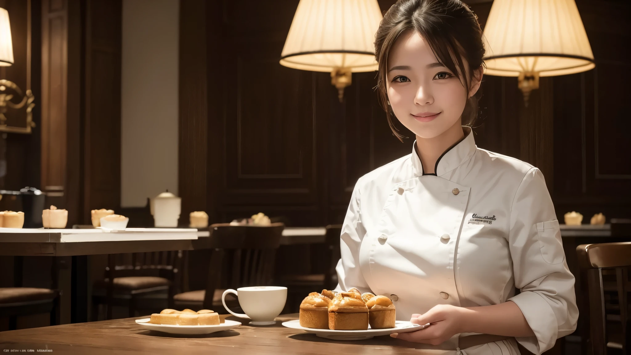 masterpiece, award winning, high quality, super detail, 8k, photo, girl, solo, smile, she is a pastry chef, chef's attire, portrait style, close up, she comes from Japan, Like a magazine interview, at the cafe, antique interior, beautiful sweets, soft lighting