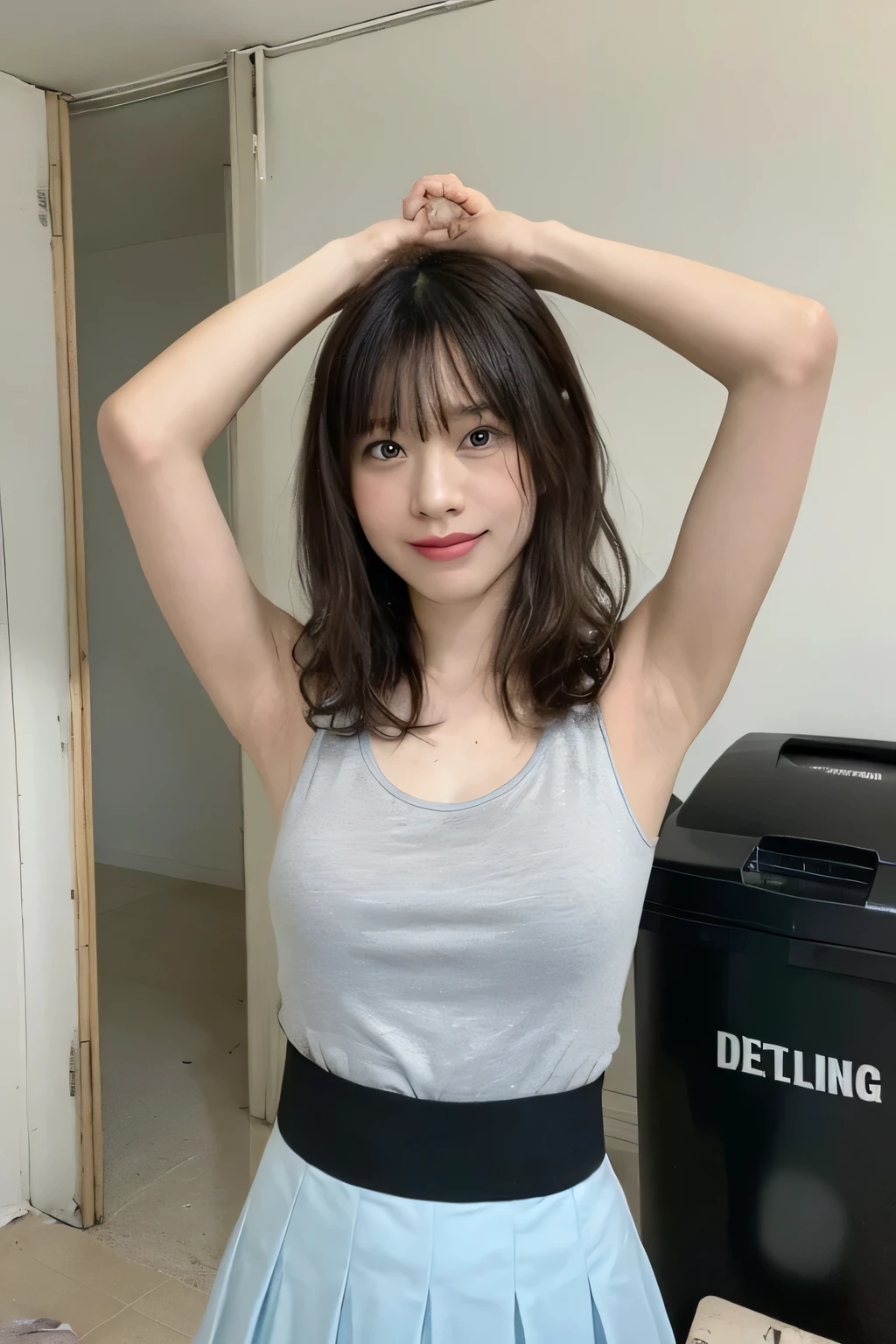 (High level image quality、high quality、High resolution、masterpiece、detailed、8K)、(high school girl)、blonde、slight smile、messy long curly hair、(Lean your body:1.5)、((wriggling the body:1.5))、wear underwear、micro how your armpits and put your hands on your hips、standing、(old apartment)、(room littered with trash)、(the walls are very dirty)、