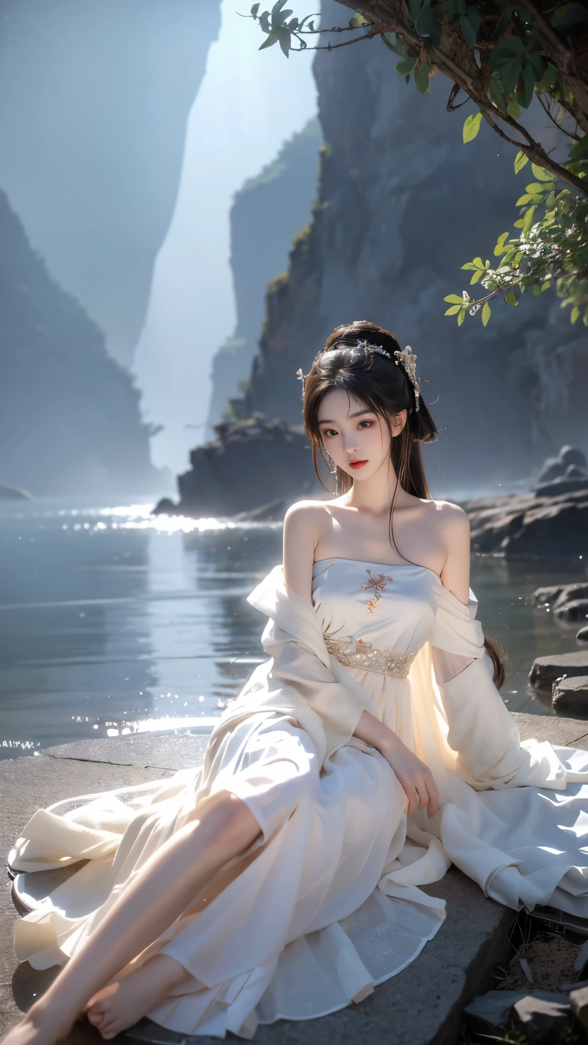 ((gufeng, bare shoulders)),(masterpiece, best quality:1.2), 1girl, solo, In the depths of Wonderland，The moonlight falls like water，foggy room，The figure of the heroine is vaguely visible，Just like the fairy in the painting，Slender sexy legs，Very nice legs，Leaking sexy legs，Big breasts，美丽而又带着一丝mystery的色彩。Her face is beautiful and delicate，Like finely carved jade，Showing otherworldly beauty。The eyebrows are picturesque，The waves in my eyes are like twinkling stars，Show the light of perseverance and wisdom。The bridge of the nose is straight，Lip color like cherry，The slightly raised corners of the mouth reveal confidence and calmness。Her face is well defined，The skin is as fair as jade，Reveals a healthy glow，Just like a fairy, she never eats fireworks in the world。Her makeup is light and delicate，Not too much embellishment，But enough to show her temperament and charm。Light-colored foundation brings out the transparency of the skin，A light eyebrow pencil outlines her perfect eyebrow shape，Eye makeup is eye shadow and eyeliner，Make her eyes brighter and more energetic。嘴唇涂上grace的口红，Adds a bit of charm and sophistication。她的衣服grace别致，Clothes flutter，It seems like it will be blown up by the wind at any time，drifting into the distance。既不失grace，Also showed her extraordinary skills。Rocking with her movements。Her hair is tied back casually，Secure it with a hosta，A few strands of hair are fluttering gently in the wind，Adds a bit of softness。Her figure is looming in the fairyland，宛如一道Big breasts美丽的风景线，attracted everyone&#39;s attention。She seems to be a fairy in wonderland，Big breasts美丽、grace、mystery、and full of power。