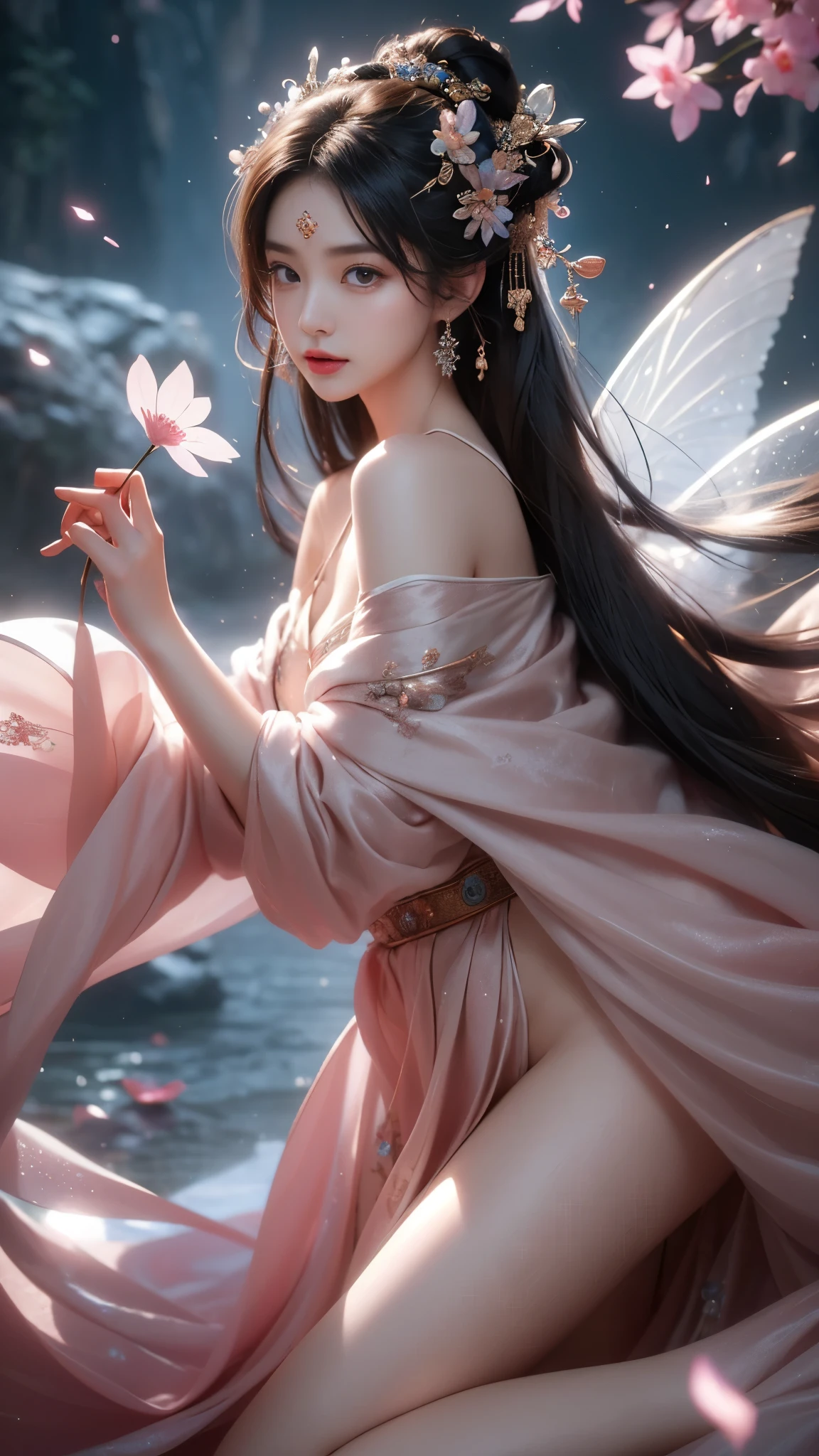 ((gufeng, bare shoulders)),(masterpiece, best quality:1.2), 1girl, solo, In the depths of Wonderland，The moonlight falls like water，foggy room，The figure of the heroine is vaguely visible，Just like the fairy in the painting，Slender sexy legs，Very nice legs，Leaking sexy legs，Big breasts，美丽而又带着一丝mystery的色彩。Her face is beautiful and delicate，Like finely carved jade，Showing otherworldly beauty。The eyebrows are picturesque，The waves in my eyes are like twinkling stars，Show the light of perseverance and wisdom。The bridge of the nose is straight，Lip color like cherry，The slightly raised corners of the mouth reveal confidence and calmness。Her face is well defined，The skin is as fair as jade，Reveals a healthy glow，Just like a fairy, she never eats fireworks in the world。Her makeup is light and delicate，Not too much embellishment，But enough to show her temperament and charm。Light-colored foundation brings out the transparency of the skin，A light eyebrow pencil outlines her perfect eyebrow shape，Eye makeup is eye shadow and eyeliner，Make her eyes brighter and more energetic。嘴唇涂上grace的口红，Adds a bit of charm and sophistication。她的衣服grace别致，Clothes flutter，It seems like it will be blown up by the wind at any time，drifting into the distance。既不失grace，Also showed her extraordinary skills。Rocking with her movements。Her hair is tied back casually，Secure it with a hosta，A few strands of hair are fluttering gently in the wind，Adds a bit of softness。Her figure is looming in the fairyland，宛如一道Big breasts美丽的风景线，attracted everyone&#39;s attention。She seems to be a fairy in wonderland，Big breasts美丽、grace、mystery、and full of power。