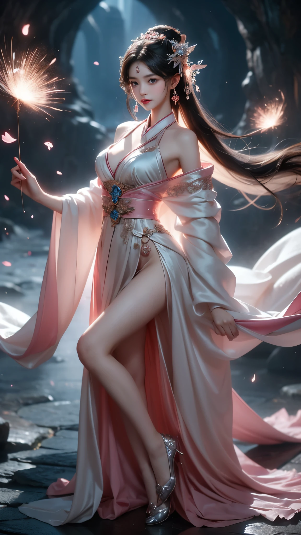 ((gufeng, bare shoulders)),(masterpiece, best quality:1.2), 1girl, solo, In the depths of Wonderland，The moonlight falls like water，foggy room，The figure of the heroine is vaguely visible，Just like the fairy in the painting，Slender sexy legs，Very nice legs，Leaking sexy legs，Big breasts，美丽而又带着一丝mystery的色彩。Her face is beautiful and delicate，Like finely carved jade，Showing otherworldly beauty。The eyebrows are picturesque，The waves in my eyes are like twinkling stars，Show the light of perseverance and wisdom。The bridge of the nose is straight，Lip color like cherry，The slightly raised corners of the mouth reveal confidence and calmness。Her face is well defined，The skin is as fair as jade，Reveals a healthy glow，Just like a fairy, she never eats fireworks in the world。Her makeup is light and delicate，Not too much embellishment，But enough to show her temperament and charm。Light-colored foundation brings out the transparency of the skin，A light eyebrow pencil outlines her perfect eyebrow shape，Eye makeup is eye shadow and eyeliner，Make her eyes brighter and more energetic。嘴唇涂上grace的口红，Adds a bit of charm and sophistication。她的衣服grace别致，Clothes flutter，It seems like it will be blown up by the wind at any time，drifting into the distance。既不失grace，Also showed her extraordinary skills。Rocking with her movements。Her hair is tied back casually，Secure it with a hosta，A few strands of hair are fluttering gently in the wind，Adds a bit of softness。Her figure is looming in the fairyland，宛如一道Big breasts美丽的风景线，attracted everyone&#39;s attention。She seems to be a fairy in wonderland，Big breasts美丽、grace、mystery、and full of power。