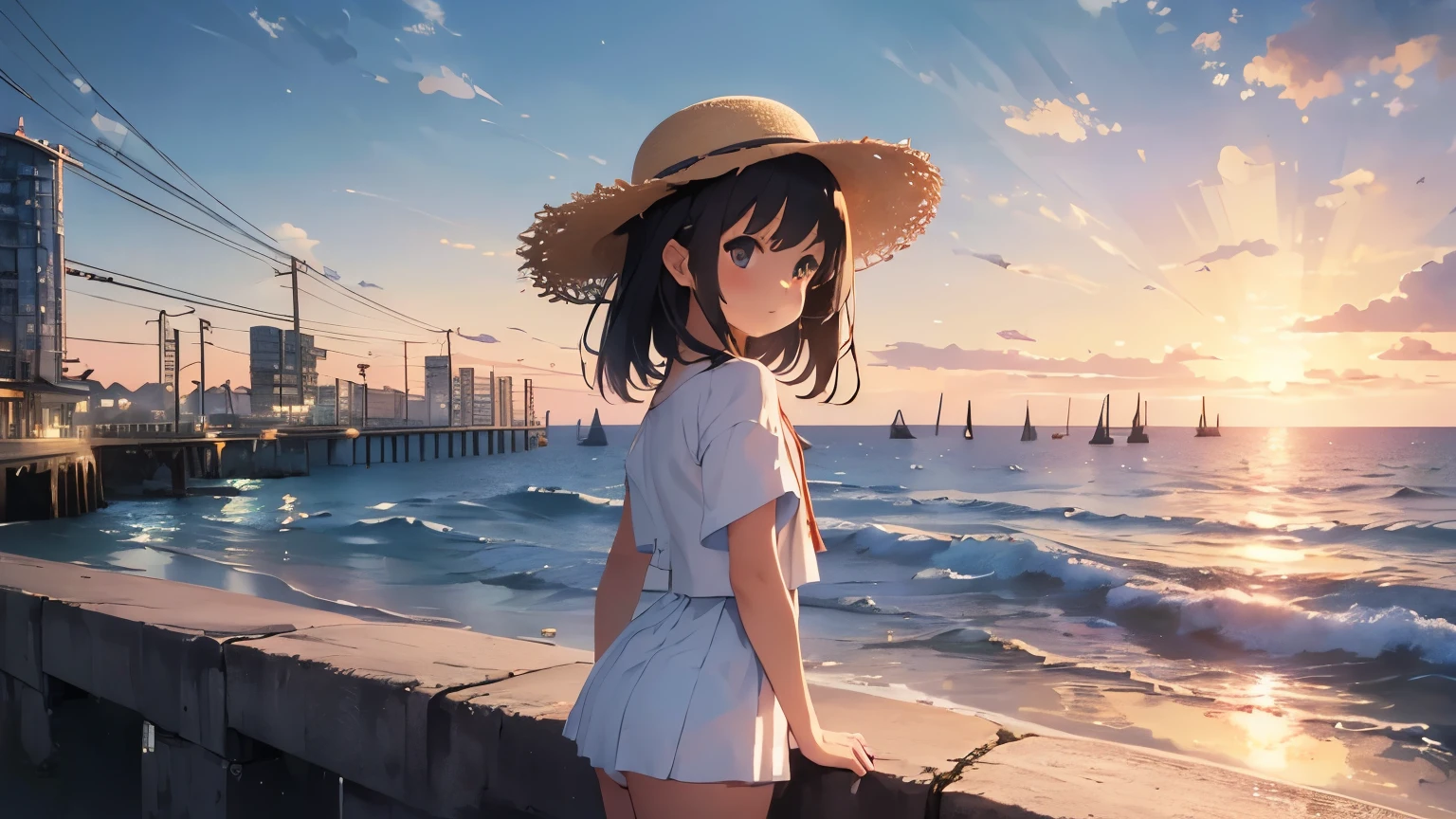 seaside,cityscape,sunrise,(girl,((((Smaller Placement)))),white clothes,straw hat),wide angle,solo,best quality,masterpiece:1.2,ultra-detailed,HDR,UHD,studio lighting,ultra-fine painting,sharp focus,physically-based rendering,extreme detail description,professional,bokeh,portraits,landscape,pastel color
