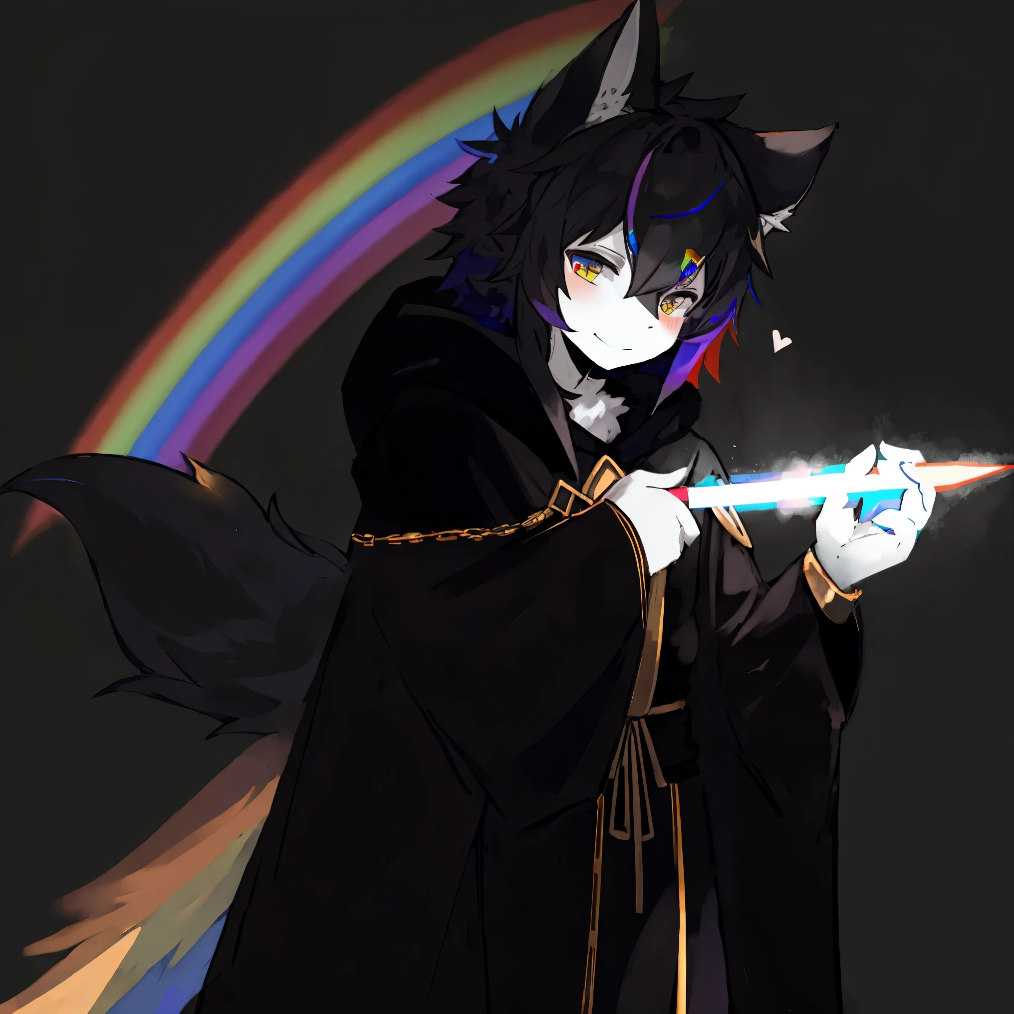 Black in robes,holding a rainbow sword