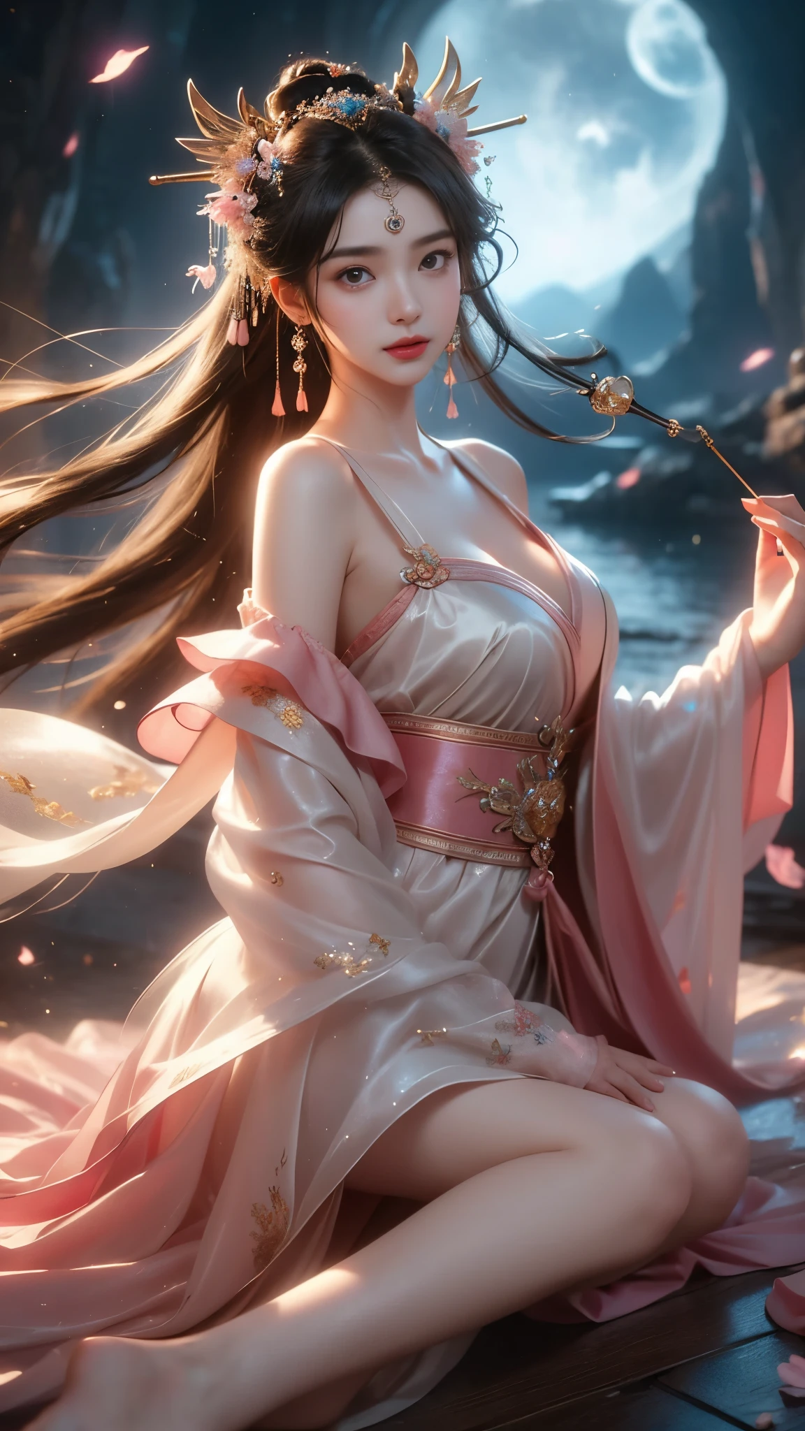 ((gufeng, bare shoulders)),(masterpiece, best quality:1.2), 1girl, solo, In the depths of Wonderland，The moonlight falls like water，foggy room，The figure of the heroine is vaguely visible，Just like the fairy in the painting，Slender sexy legs，Very nice legs，Leaking sexy legs，Big breasts，美丽而又带着一丝mystery的色彩。Her face is beautiful and delicate，Like finely carved jade，Showing otherworldly beauty。The eyebrows are picturesque，The waves in my eyes are like twinkling stars，Show the light of perseverance and wisdom。The bridge of the nose is straight，Lip color like cherry，The slightly raised corners of the mouth reveal confidence and calmness。Her face is well defined，The skin is as fair as jade，Reveals a healthy glow，Just like a fairy, she never eats fireworks in the world。Her makeup is light and delicate，Not too much embellishment，But enough to show her temperament and charm。Light-colored foundation brings out the transparency of the skin，A light eyebrow pencil outlines her perfect eyebrow shape，Eye makeup is eye shadow and eyeliner，Make her eyes brighter and more energetic。嘴唇涂上grace的口红，Adds a bit of charm and sophistication。她的衣服grace别致，Clothes flutter，It seems like it will be blown up by the wind at any time，drifting into the distance。既不失grace，Also showed her extraordinary skills。Rocking with her movements。Her hair is tied back casually，Secure it with a hosta，A few strands of hair are fluttering gently in the wind，Adds a bit of softness。Her figure is looming in the fairyland，宛如一道Big breasts美丽的风景线，attracted everyone&#39;s attention。She seems to be a fairy in wonderland，Big breasts美丽、grace、mystery、and full of power。