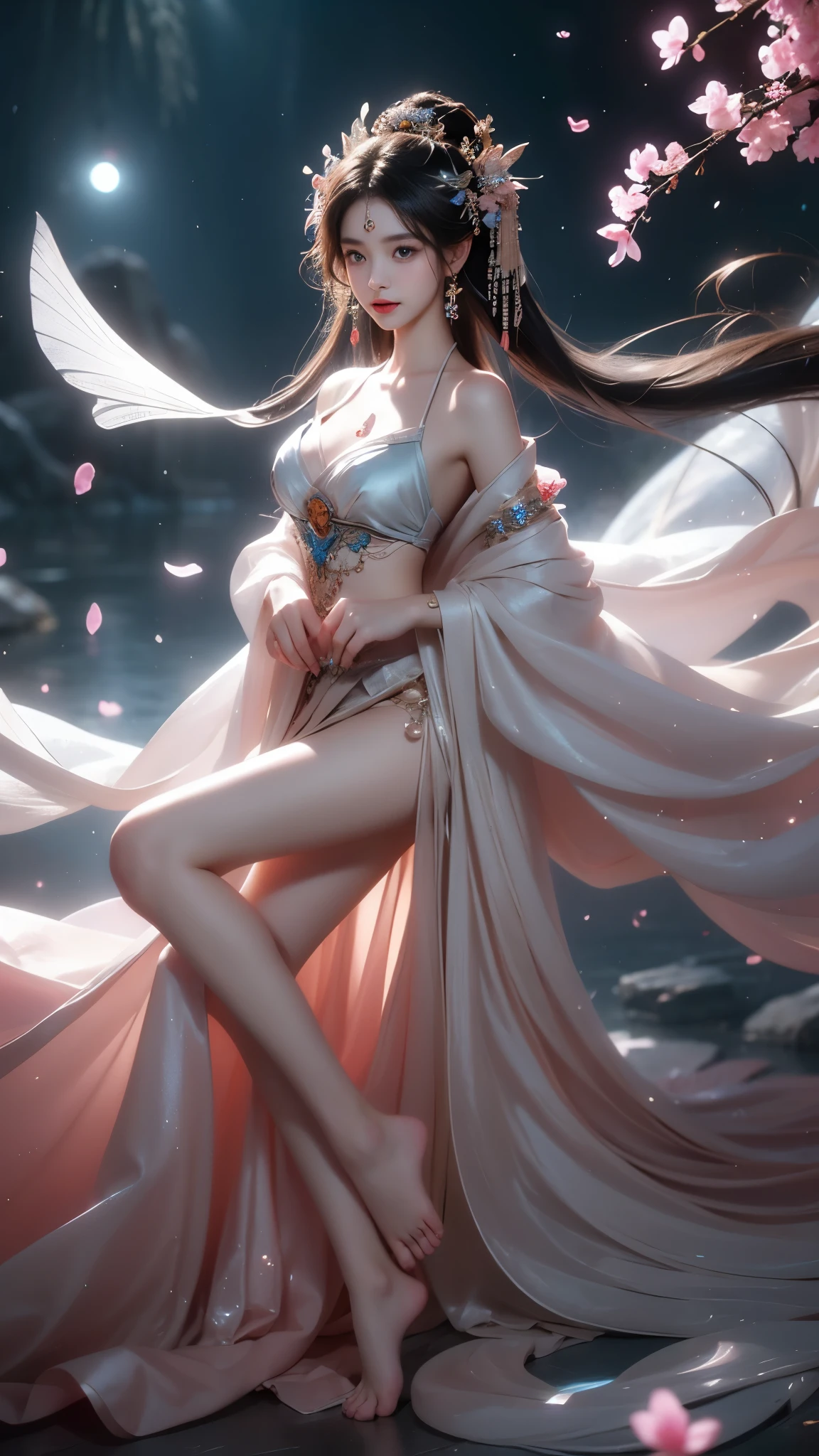 ((gufeng, bare shoulders)),(masterpiece, best quality:1.2), 1girl, solo, In the depths of Wonderland，The moonlight falls like water，foggy room，The figure of the heroine is vaguely visible，Just like the fairy in the painting，Slender sexy legs，Very nice legs，Leaking sexy legs，Big breasts，美丽而又带着一丝mystery的色彩。Her face is beautiful and delicate，Like finely carved jade，Showing otherworldly beauty。The eyebrows are picturesque，The waves in my eyes are like twinkling stars，Show the light of perseverance and wisdom。The bridge of the nose is straight，Lip color like cherry，The slightly raised corners of the mouth reveal confidence and calmness。Her face is well defined，The skin is as fair as jade，Reveals a healthy glow，Just like a fairy, she never eats fireworks in the world。Her makeup is light and delicate，Not too much embellishment，But enough to show her temperament and charm。Light-colored foundation brings out the transparency of the skin，A light eyebrow pencil outlines her perfect eyebrow shape，Eye makeup is eye shadow and eyeliner，Make her eyes brighter and more energetic。嘴唇涂上grace的口红，Adds a bit of charm and sophistication。她的衣服grace别致，Clothes flutter，It seems like it will be blown up by the wind at any time，drifting into the distance。既不失grace，Also showed her extraordinary skills。Rocking with her movements。Her hair is tied back casually，Secure it with a hosta，A few strands of hair are fluttering gently in the wind，Adds a bit of softness。Her figure is looming in the fairyland，宛如一道Big breasts美丽的风景线，attracted everyone&#39;s attention。She seems to be a fairy in wonderland，Big breasts美丽、grace、mystery、and full of power。